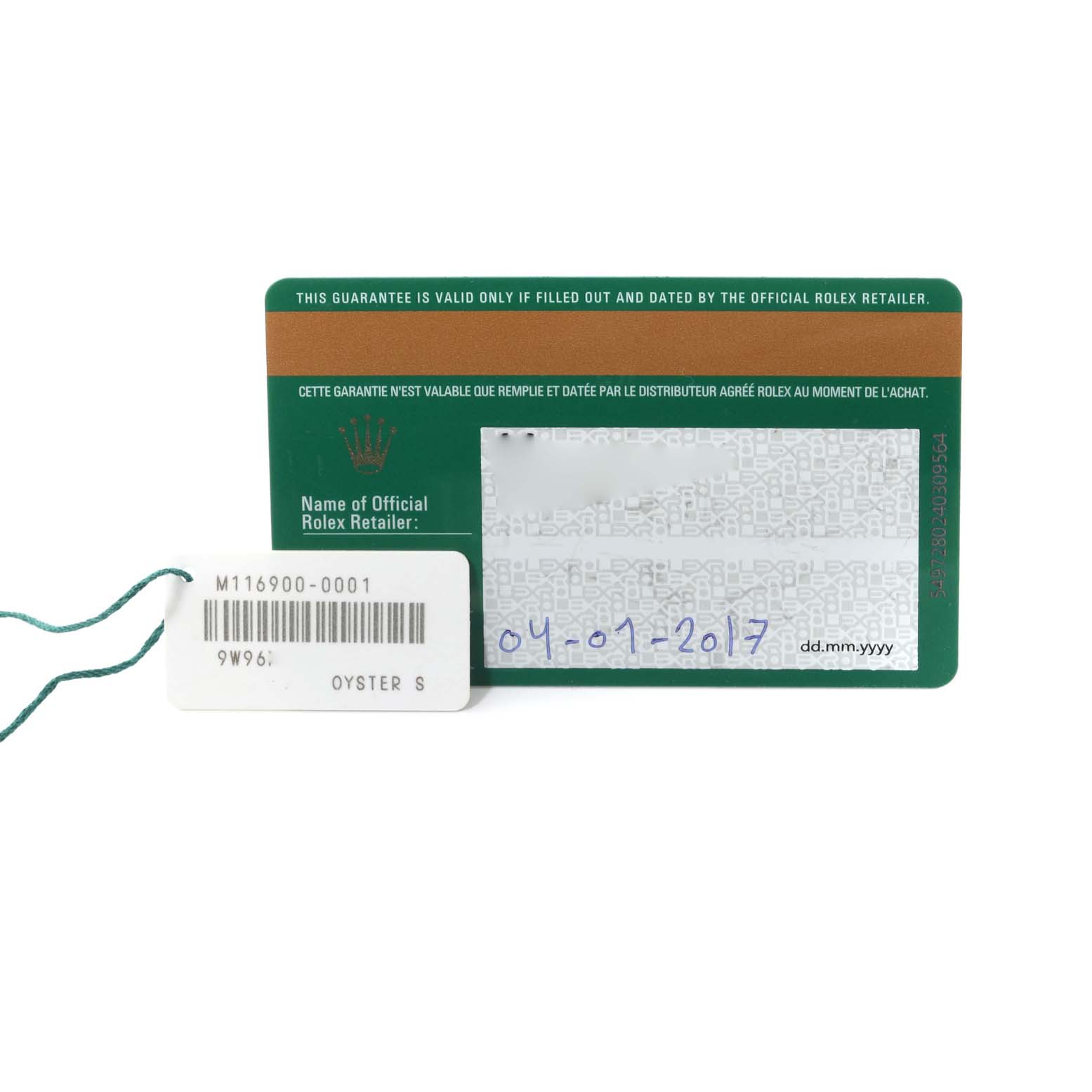 This image shows a warranty card and hang tag for the Rolex Air-King 116900 Men's Stainless Steel Black Dial 116900 Men's Stainless Steel Black Dial model, photographed from a top-down angle.