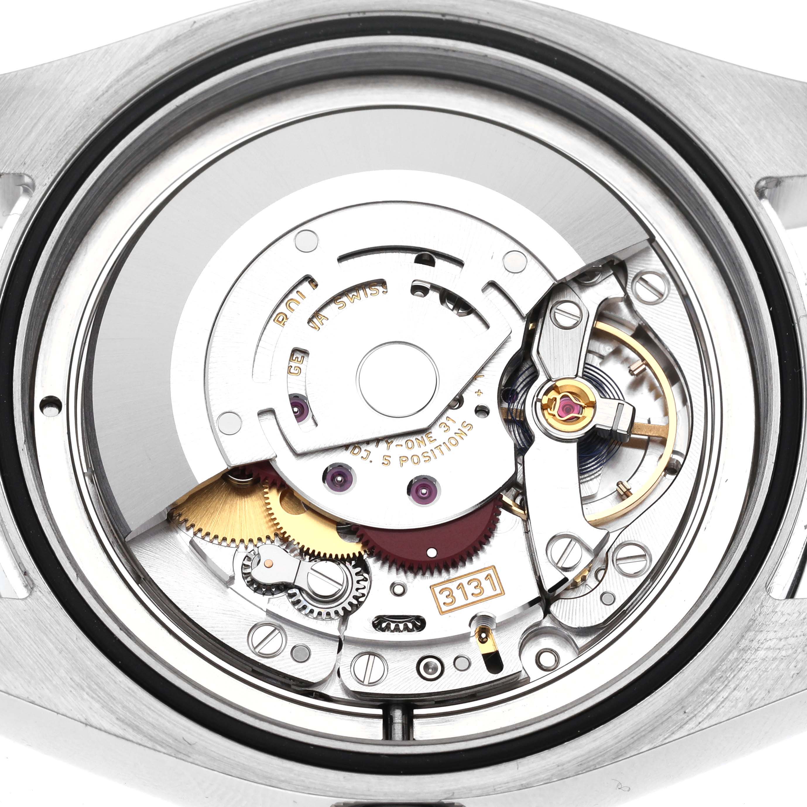 This image shows the Rolex Air-King 116900 Men's Stainless Steel Black Dial 116900 Men's Stainless Steel Black Dial watch with its case back removed, revealing the intricate movement and mechanical components inside.