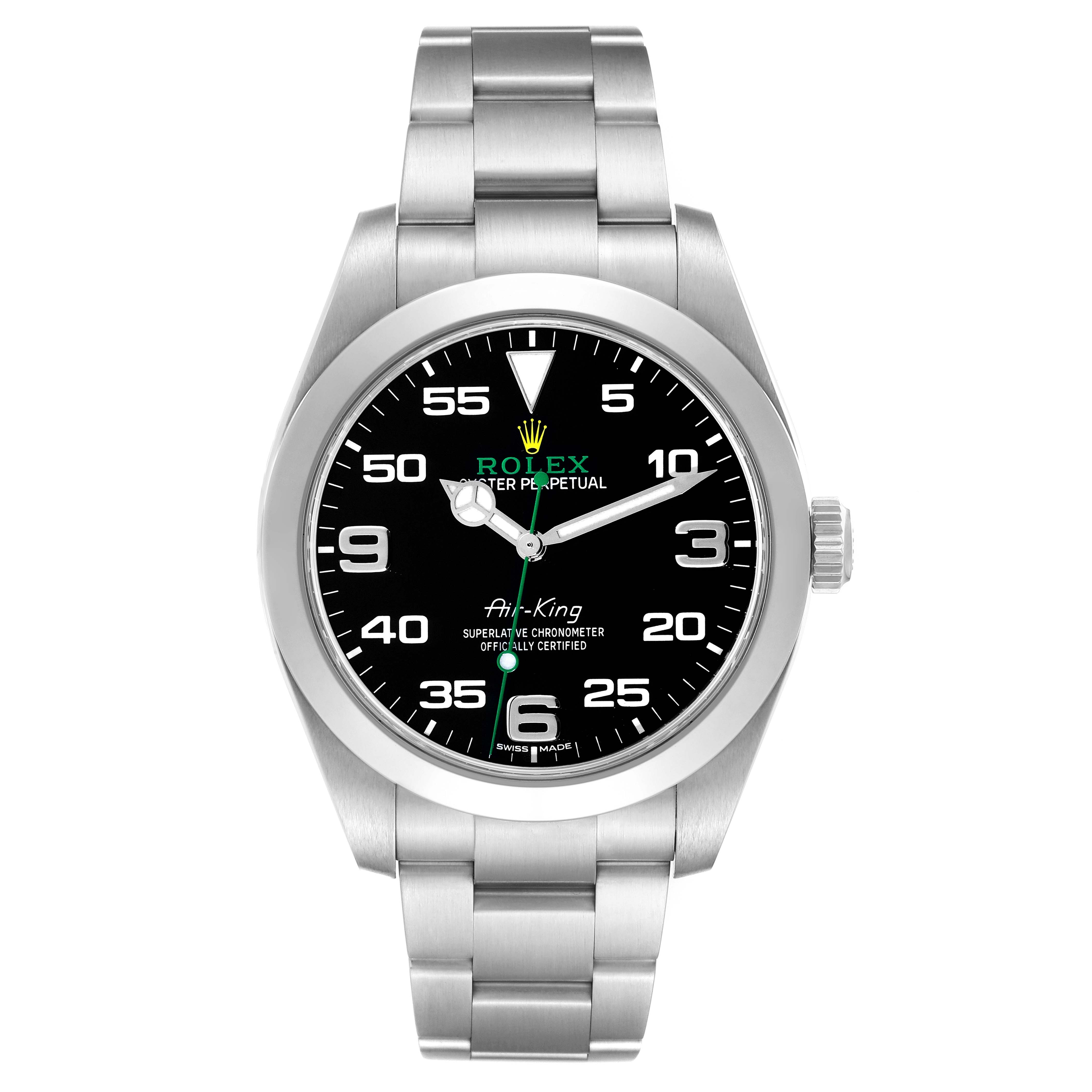 The Rolex Air-King 116900 Men's Stainless Steel Black Dial 116900 Men's Stainless Steel Black Dial watch is shown from the front, displaying its black dial, numerals, and stainless steel bracelet.