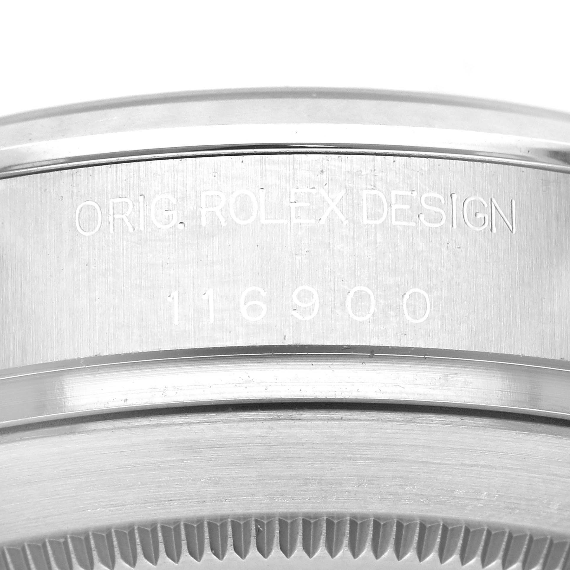 The image shows a close-up of the side casing of a Rolex Air-King 116900 Men's Stainless Steel Black Dial 116900 Men's Stainless Steel Black Dial model with the model number 116900 engraved.
