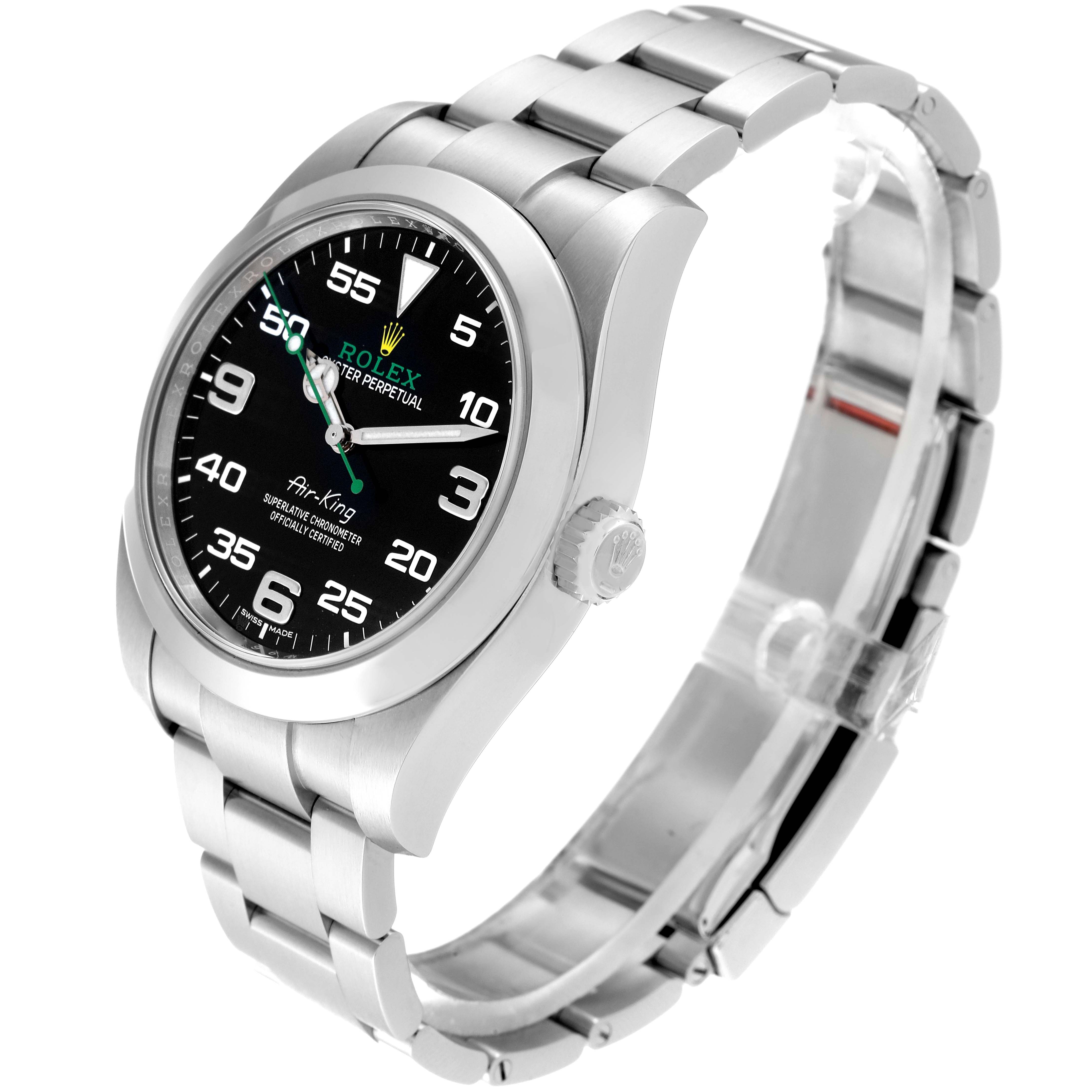 The Rolex Air-King 116900 Men's Stainless Steel Black Dial 116900 Men's Stainless Steel Black Dial watch is shown at an angle, highlighting its face, bezel, crown, and stainless steel bracelet.
