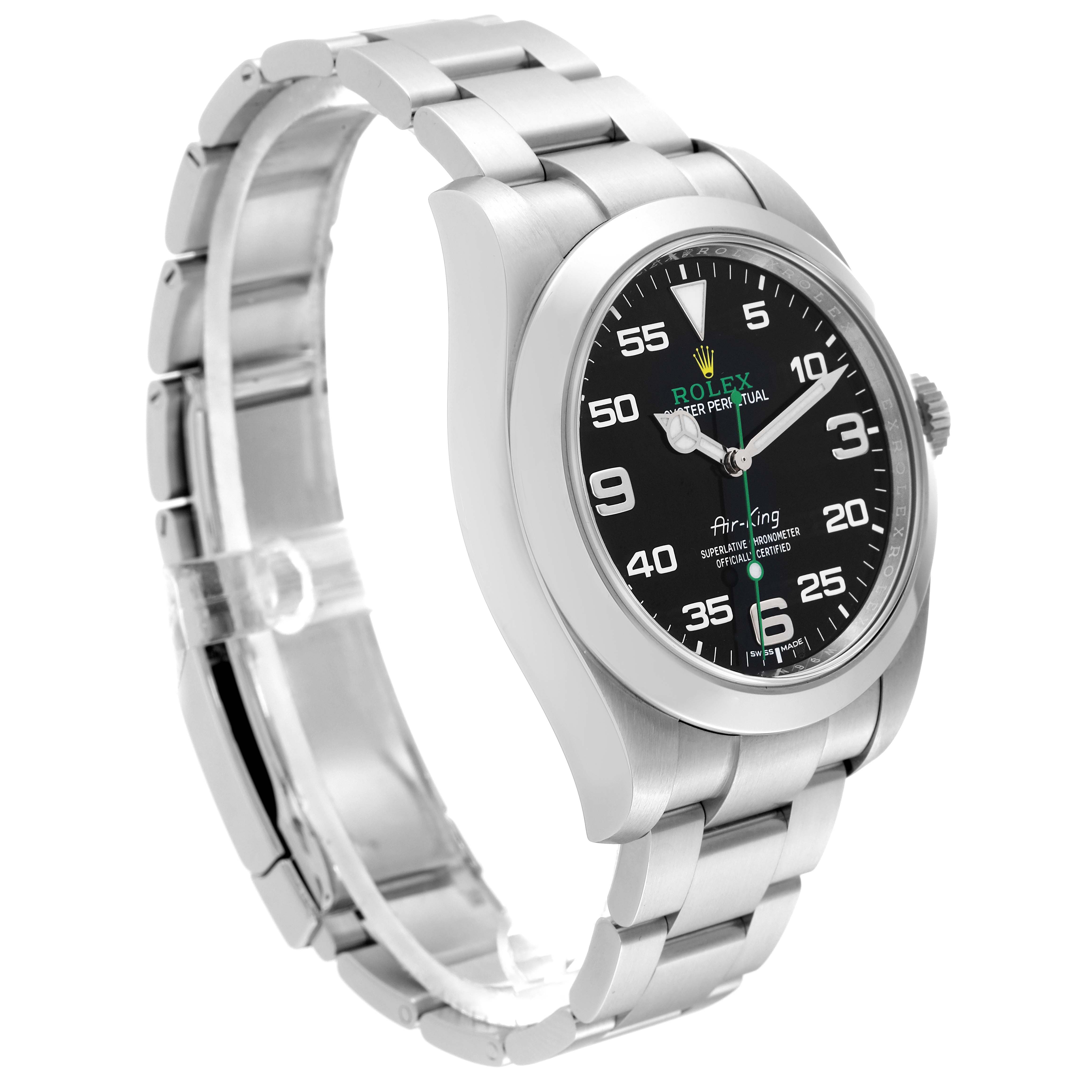 The Rolex Air-King 116900 Men's Stainless Steel Black Dial 116900 Men's Stainless Steel Black Dial watch is shown at an angle highlighting the face, bezel, crown, and band.