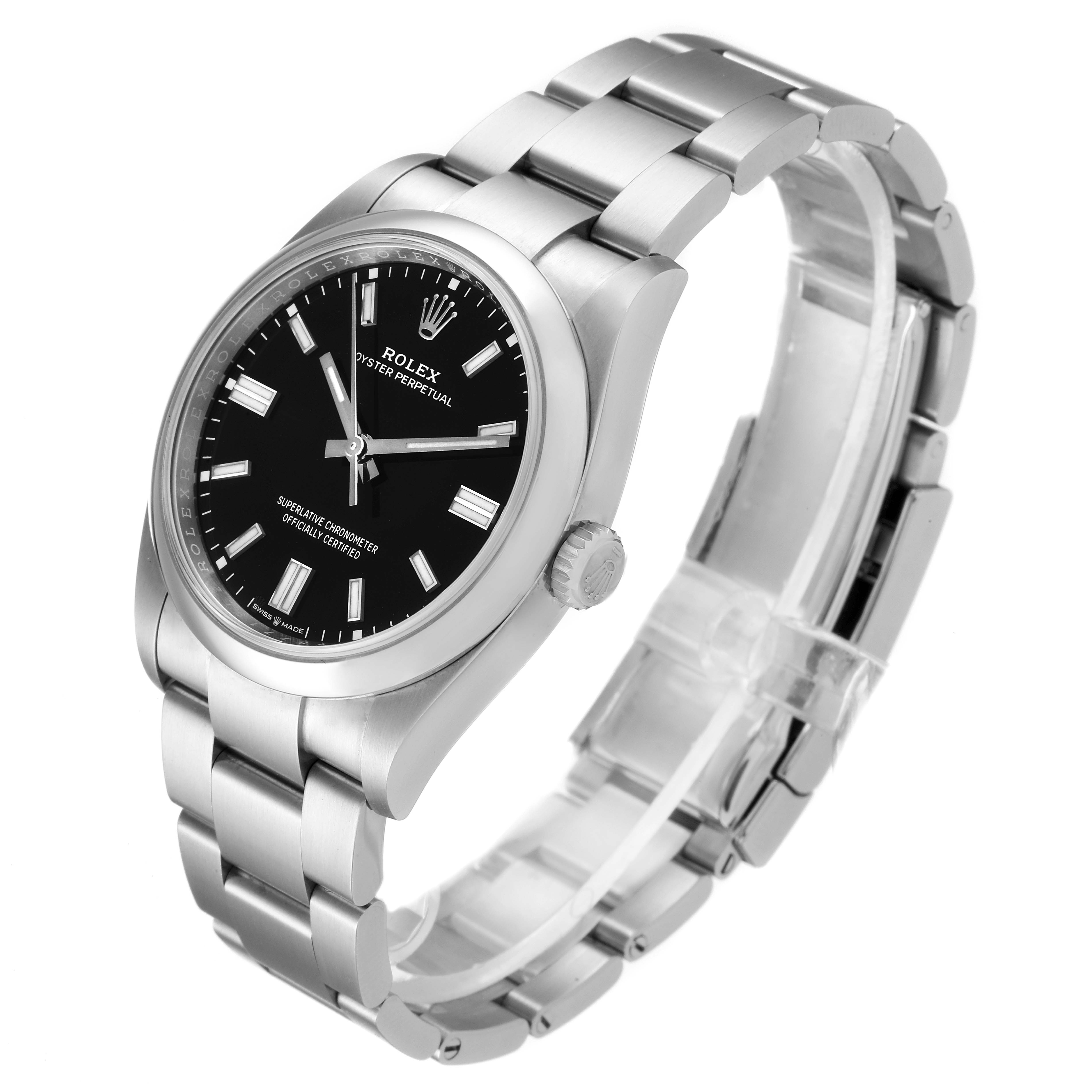 The watch, a Rolex Oyster Perpetual 126000 Men's Stainless Steel Black Dial 126000 Men's Stainless Steel Black Dial model, is shown in a three-quarter angle displaying its face, bezel, crown, and bracelet.