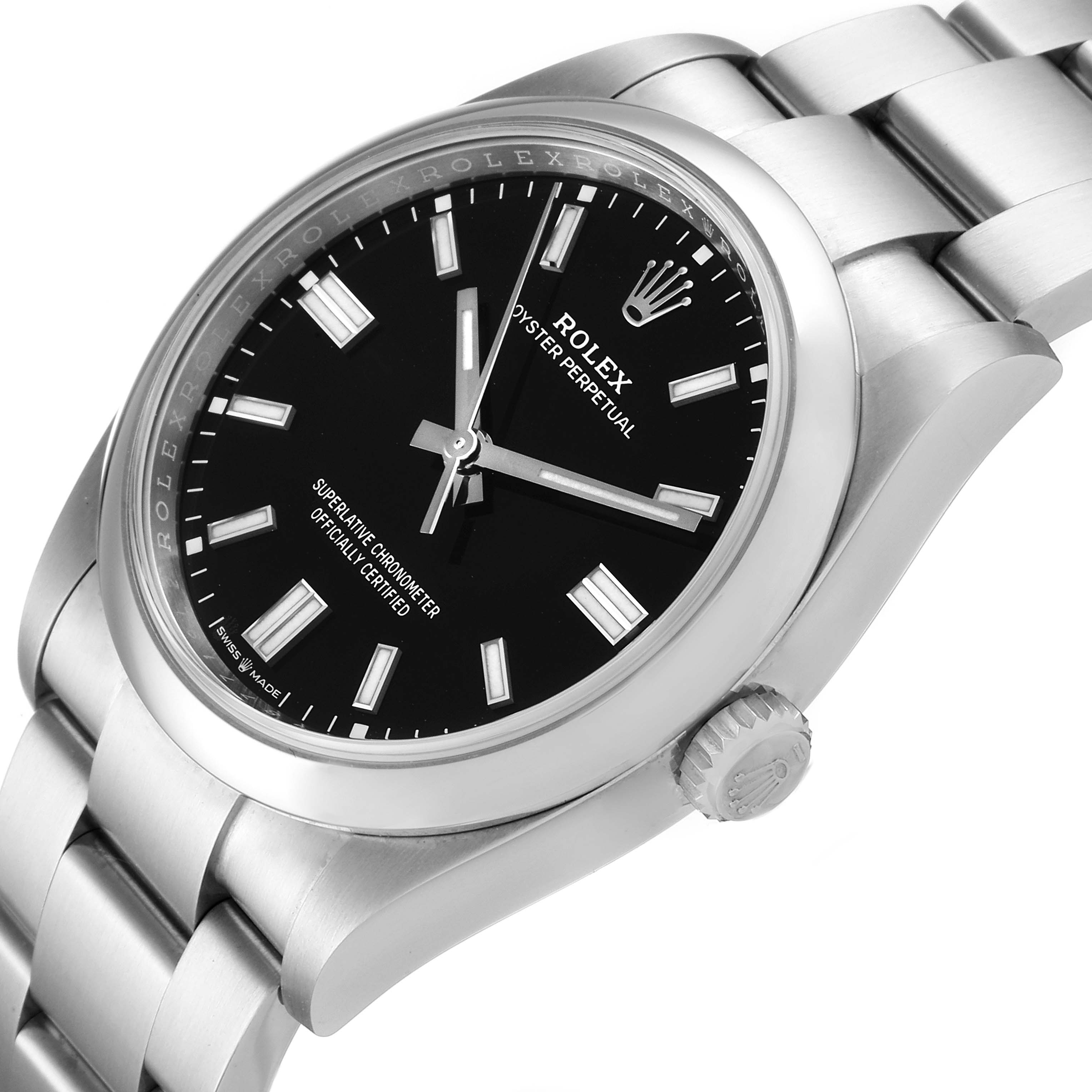 The image shows a Rolex Oyster Perpetual 126000 Men's Stainless Steel Black Dial 126000 Men's Stainless Steel Black Dial watch at a 45-degree angle, highlighting the crown, case, and bracelet.