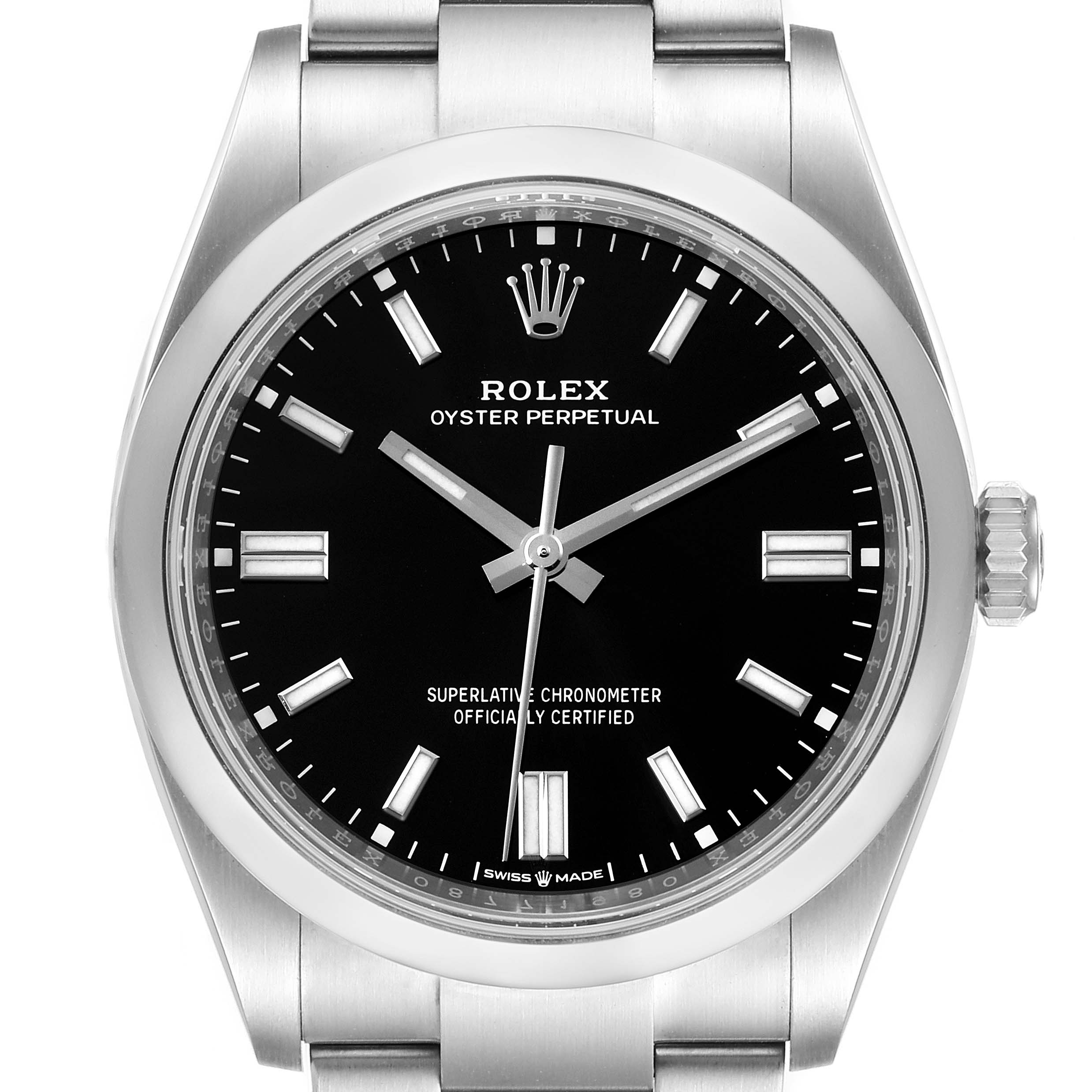 This image shows a front view of the Rolex Oyster Perpetual 126000 Men's Stainless Steel Black Dial 126000 Men's Stainless Steel Black Dial watch displaying its black dial, hour markers, and bracelet.
