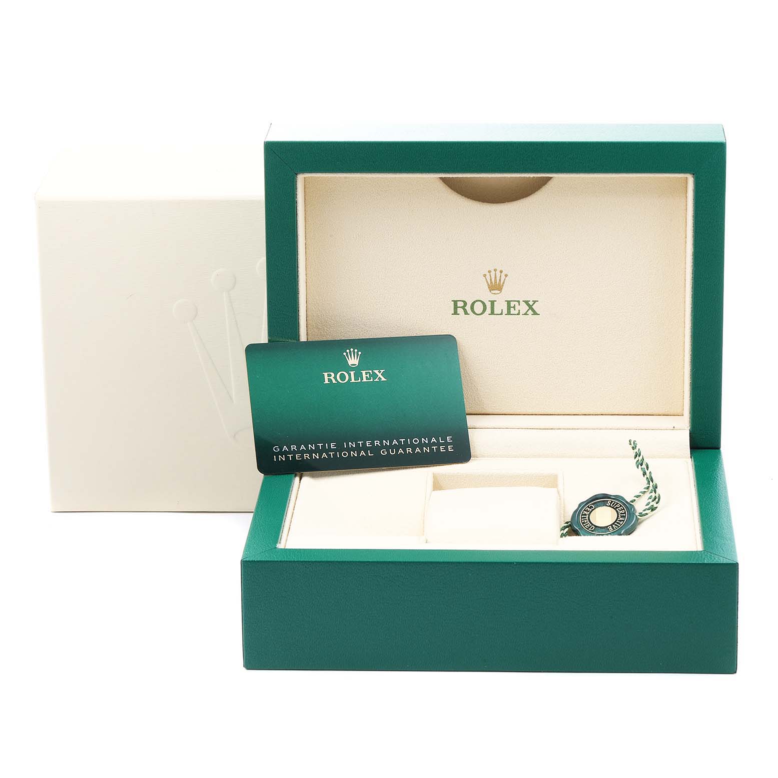 The image shows the packaging, international guarantee card, and accessories for the Rolex Oyster Perpetual 126000 Men's Stainless Steel Black Dial 126000 Men's Stainless Steel Black Dial model.