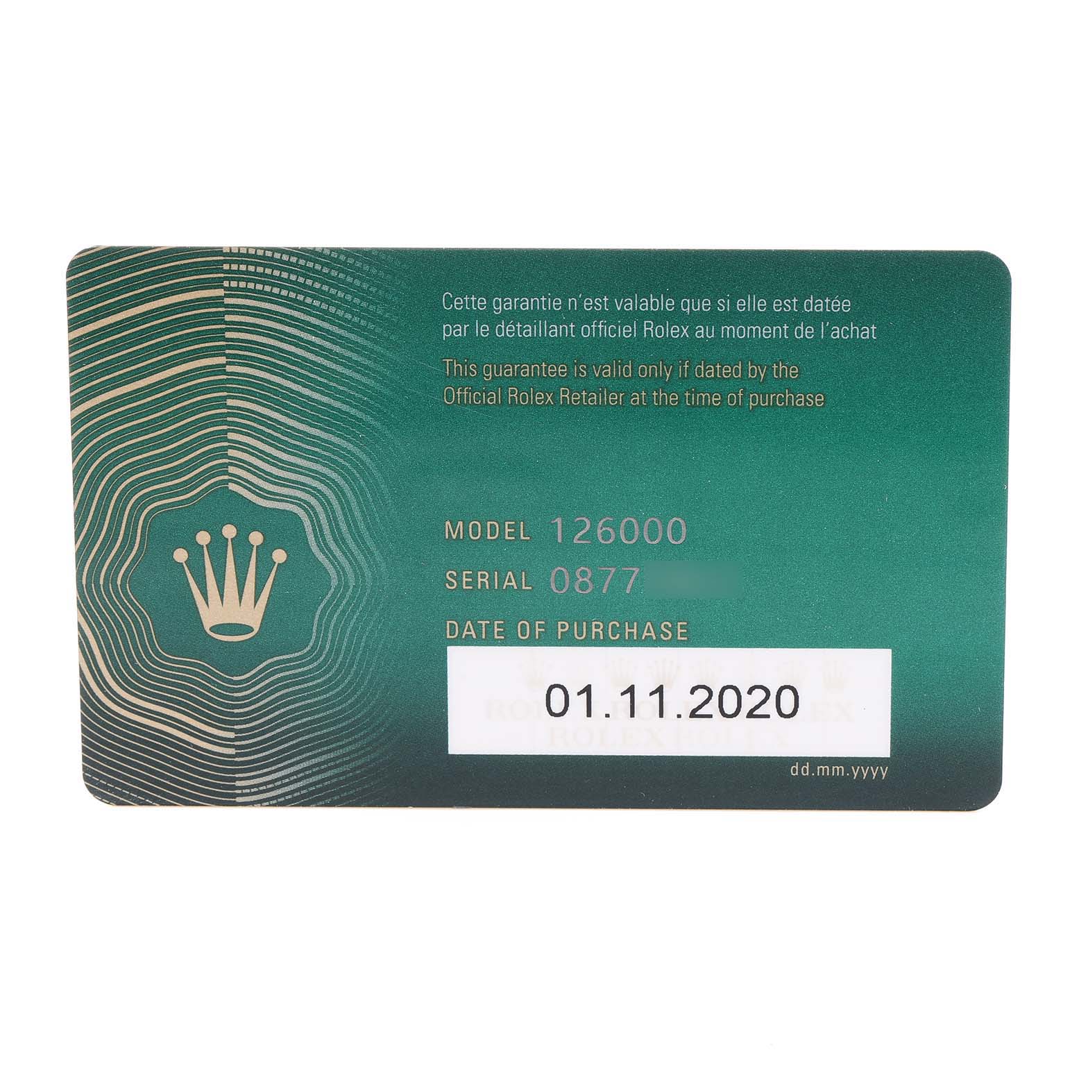 The image shows a guarantee card for a Rolex Oyster Perpetual 126000 Men's Stainless Steel Black Dial 126000 Men's Stainless Steel Black Dial model 126000, with purchase details.