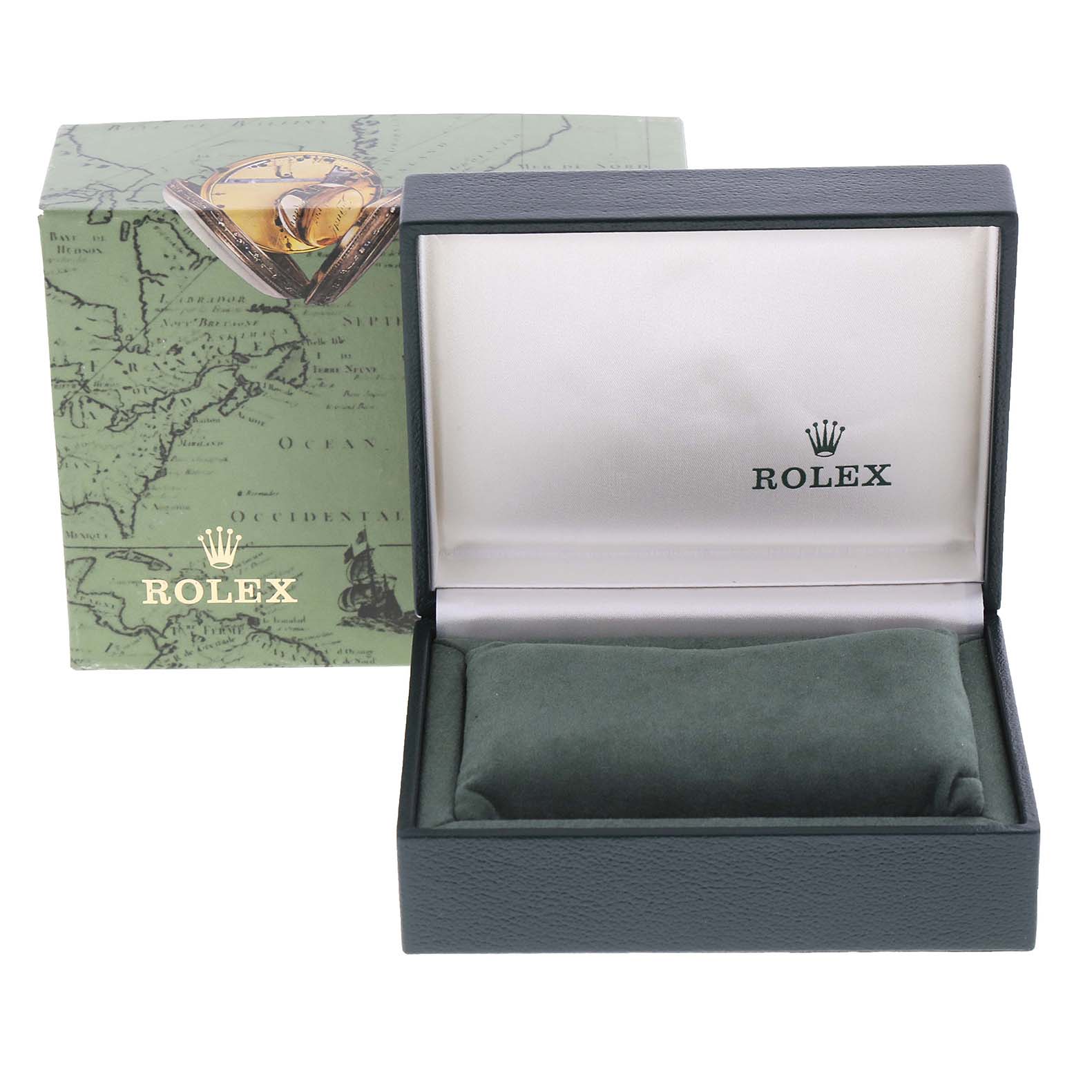 The image shows a Rolex Oyster Perpetual 67194 Women
s Stainless Steel Silver Dial 67194 Women
s Stainless Steel Silver Dial watch box and its outer packaging from an angled top view.