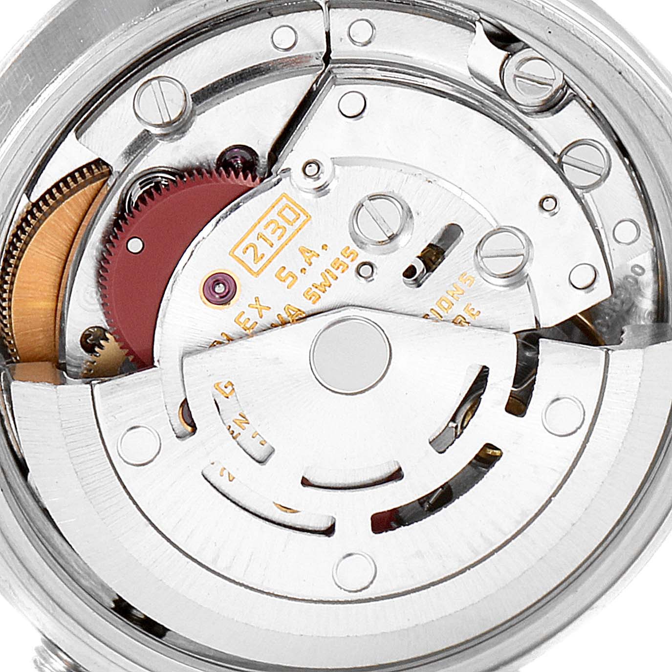 The image shows a close-up view of the internal mechanism of a Rolex Oyster Perpetual 67194 Women
s Stainless Steel Silver Dial 67194 Women
s Stainless Steel Silver Dial watch, highlighting its rotor and gears.