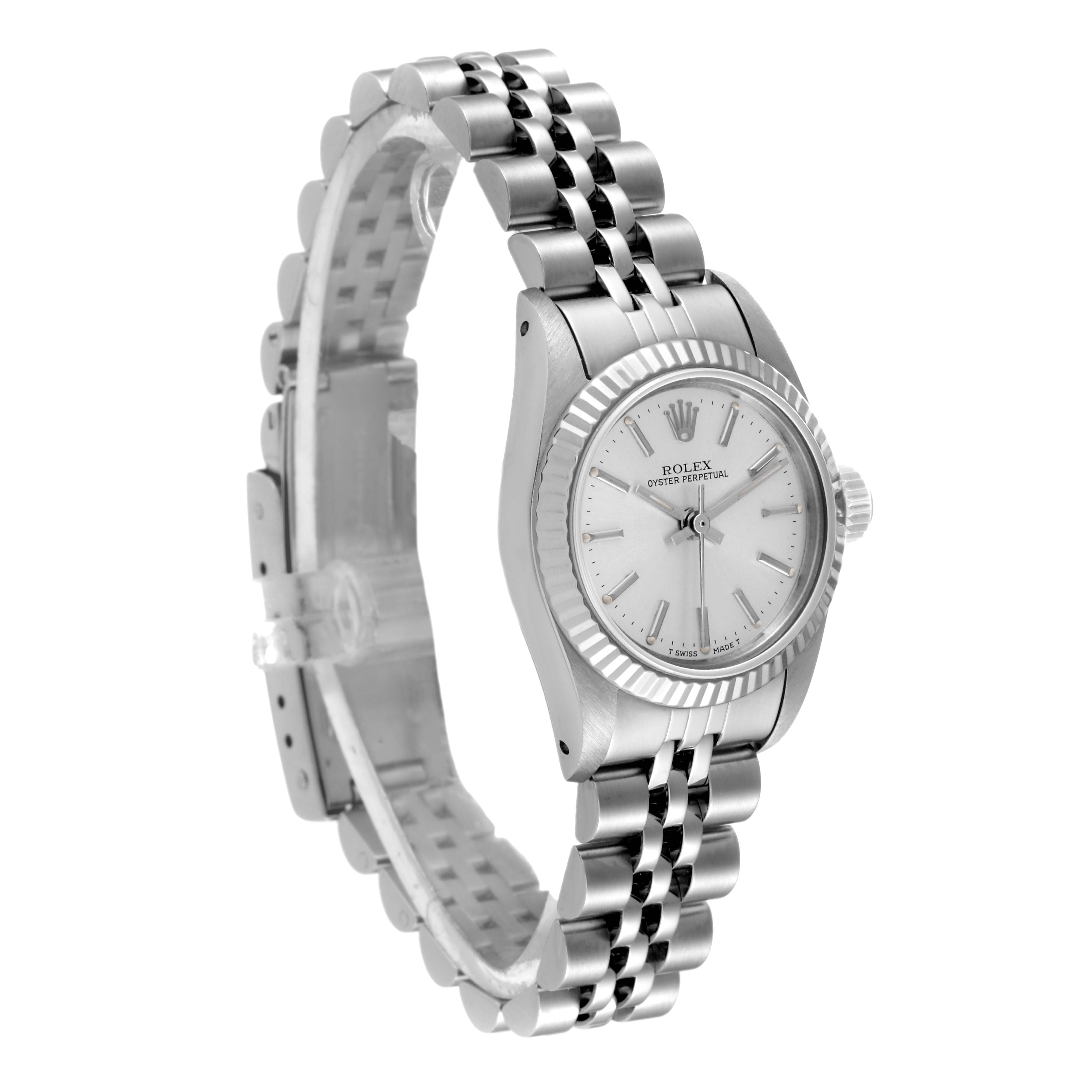 The image shows a side angle view of a Rolex Oyster Perpetual 67194 Women
s Stainless Steel Silver Dial 67194 Women
s Stainless Steel Silver Dial watch highlighting the bracelet, case, and dial.