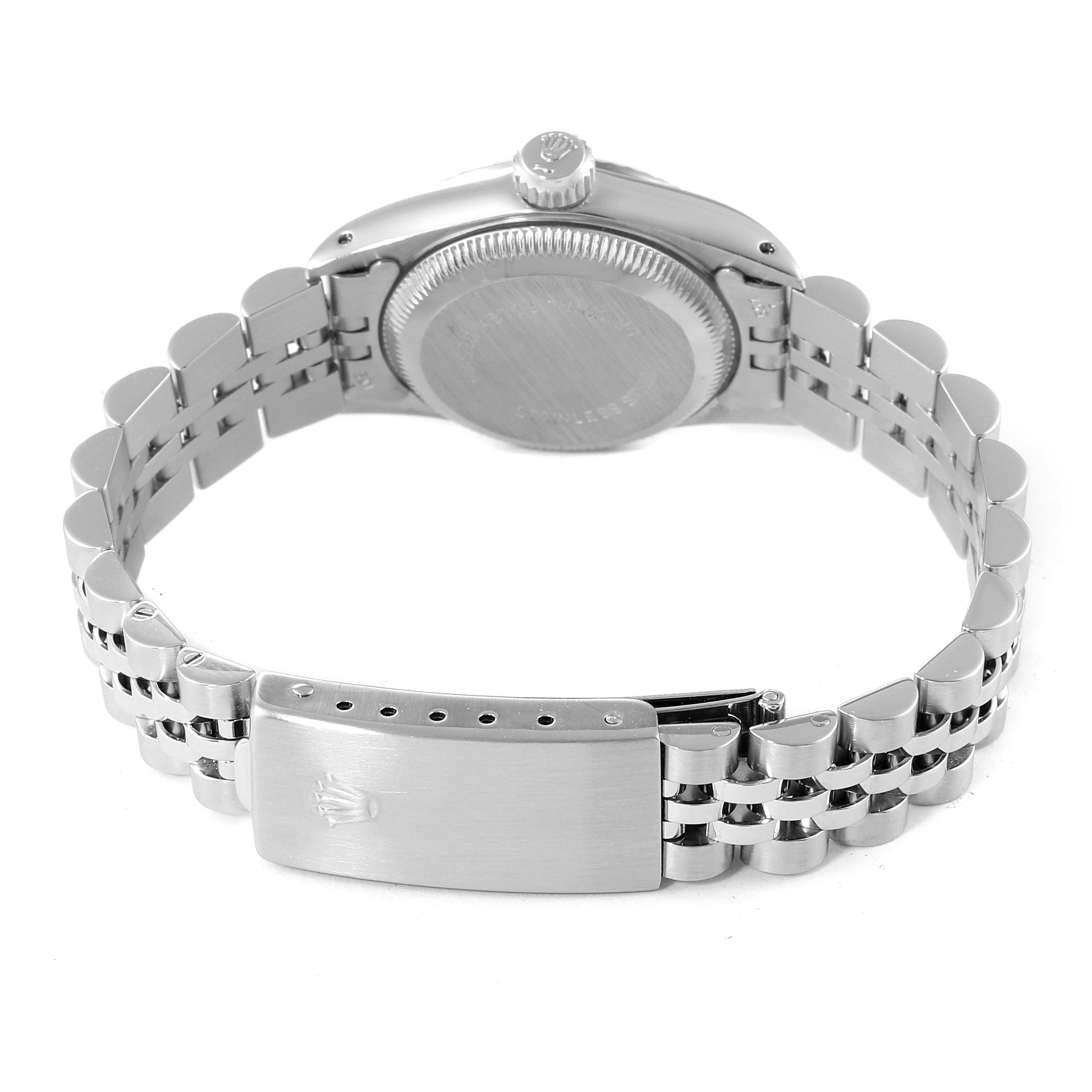 This image shows the back of the Rolex Oyster Perpetual 67194 Women
s Stainless Steel Silver Dial 67194 Women
s Stainless Steel Silver Dial watch, featuring its clasp and stainless steel bracelet.