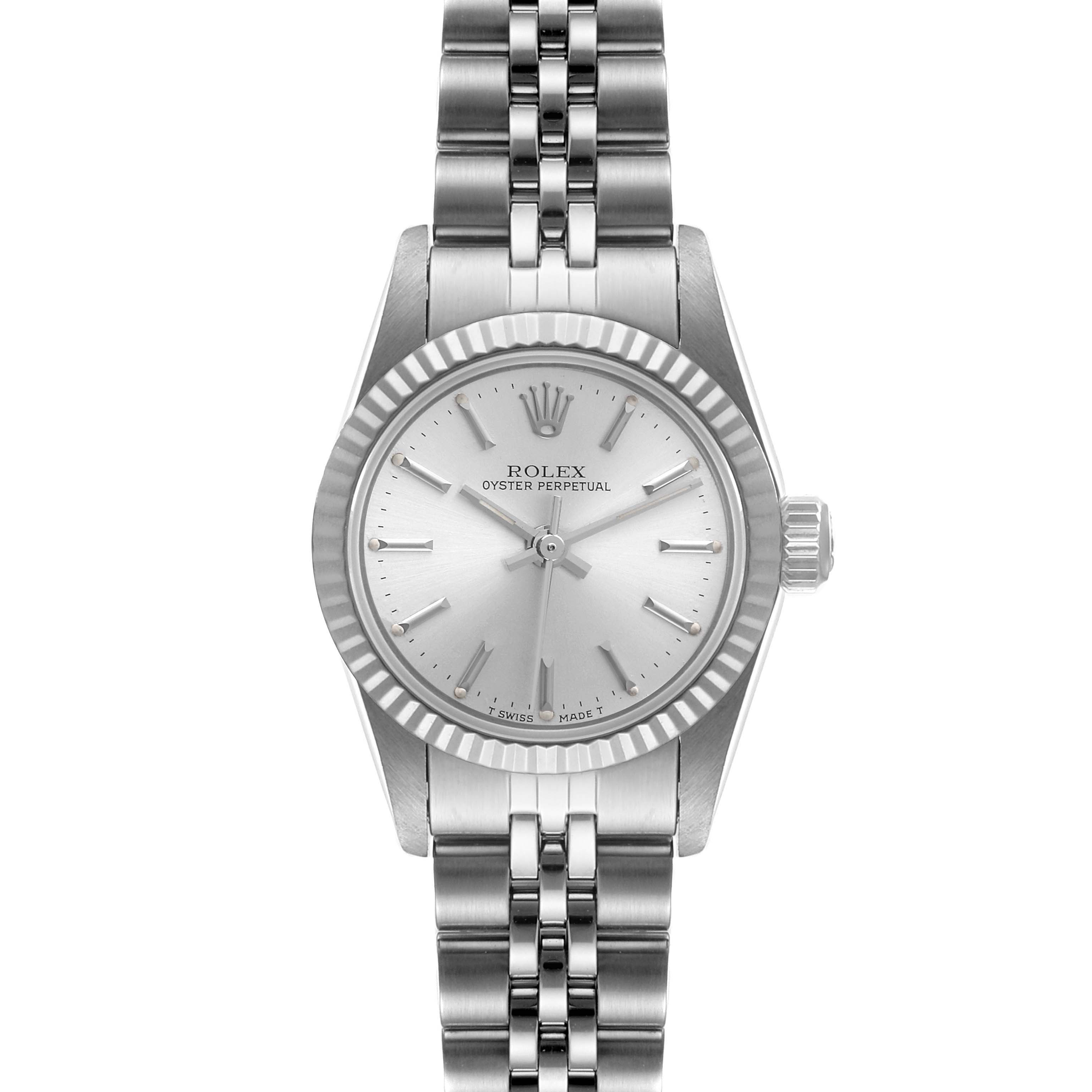 The image shows a Rolex Oyster Perpetual 67194 Women
s Stainless Steel Silver Dial 67194 Women
s Stainless Steel Silver Dial watch from a front angle, displaying its face, bezel, crown, and bracelet.
