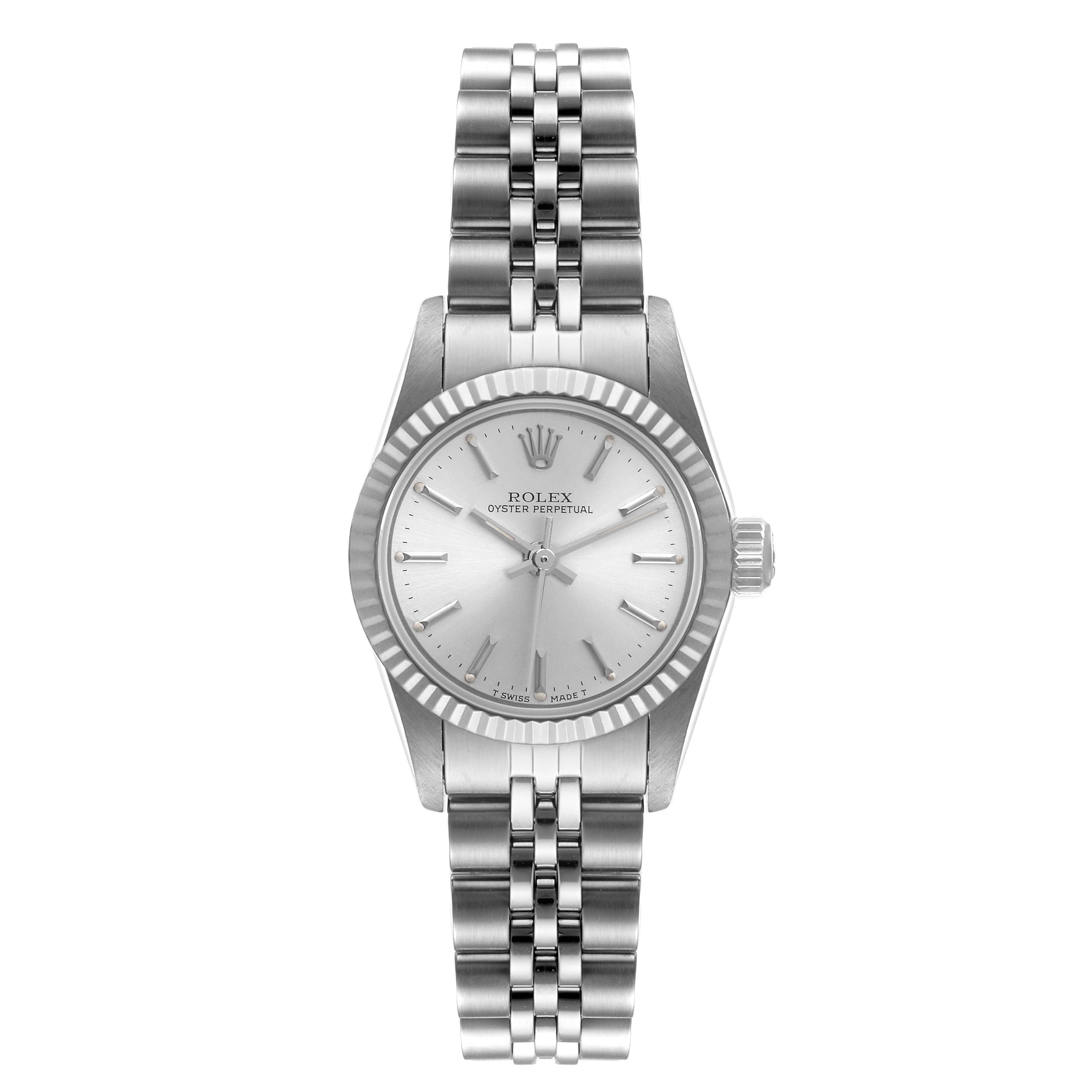 The image shows a front view of a Rolex Oyster Perpetual 67194 Women
s Stainless Steel Silver Dial 67194 Women
s Stainless Steel Silver Dial watch, including the dial, bezel, case, and bracelet.