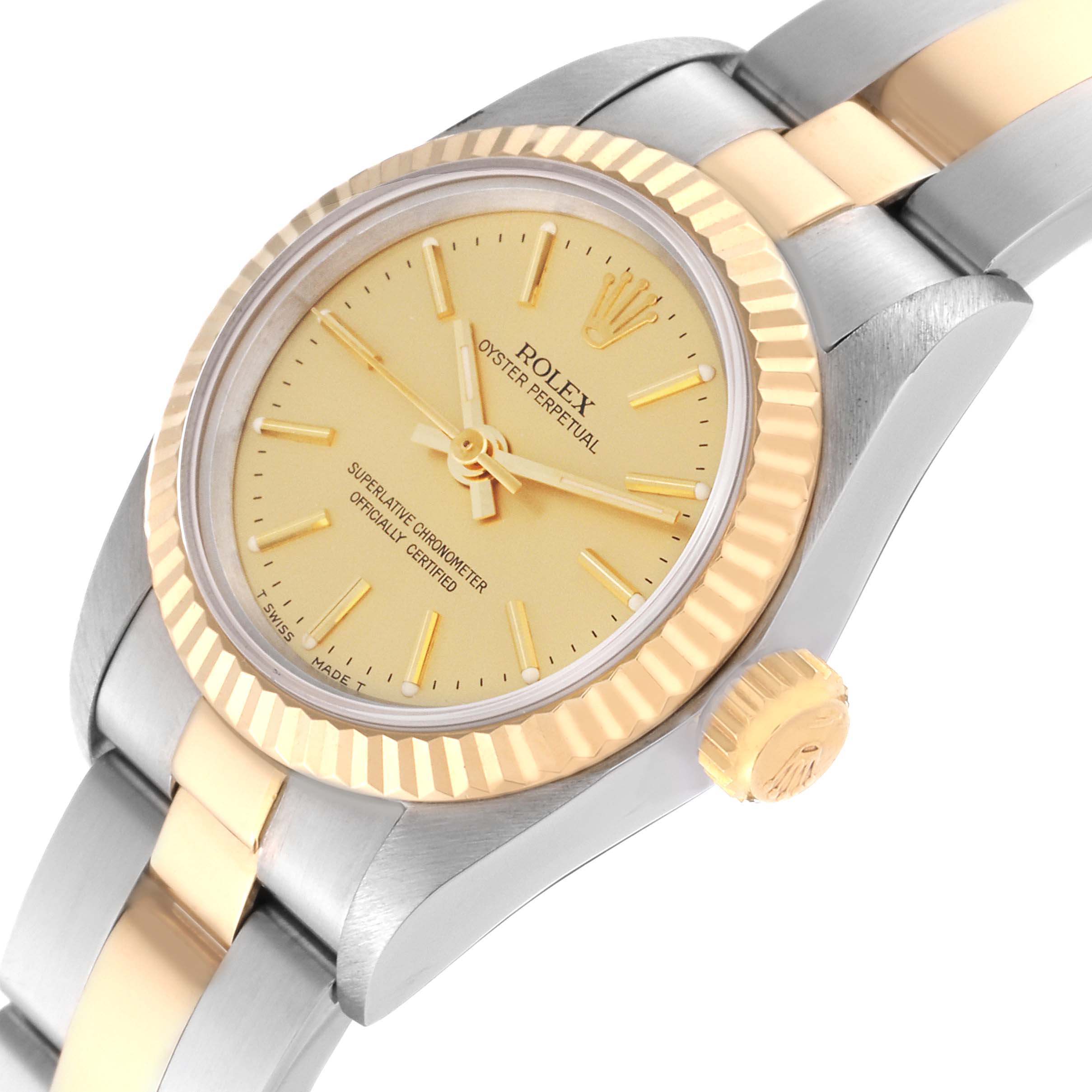 This image shows a Rolex Oyster Perpetual 67193 Women's Steel and Gold (two tone) Champagne Dial 67193 Women's Steel and Gold (two tone) Champagne Dial watch at an oblique angle, highlighting the dial, bezel, and part of the bracelet.