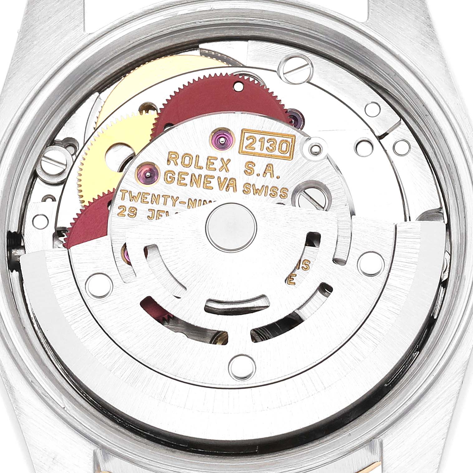 The image shows the internal mechanism and movement parts of a Rolex Oyster Perpetual 67193 Women's Steel and Gold (two tone) Champagne Dial 67193 Women's Steel and Gold (two tone) Champagne Dial watch from a top-down angle.