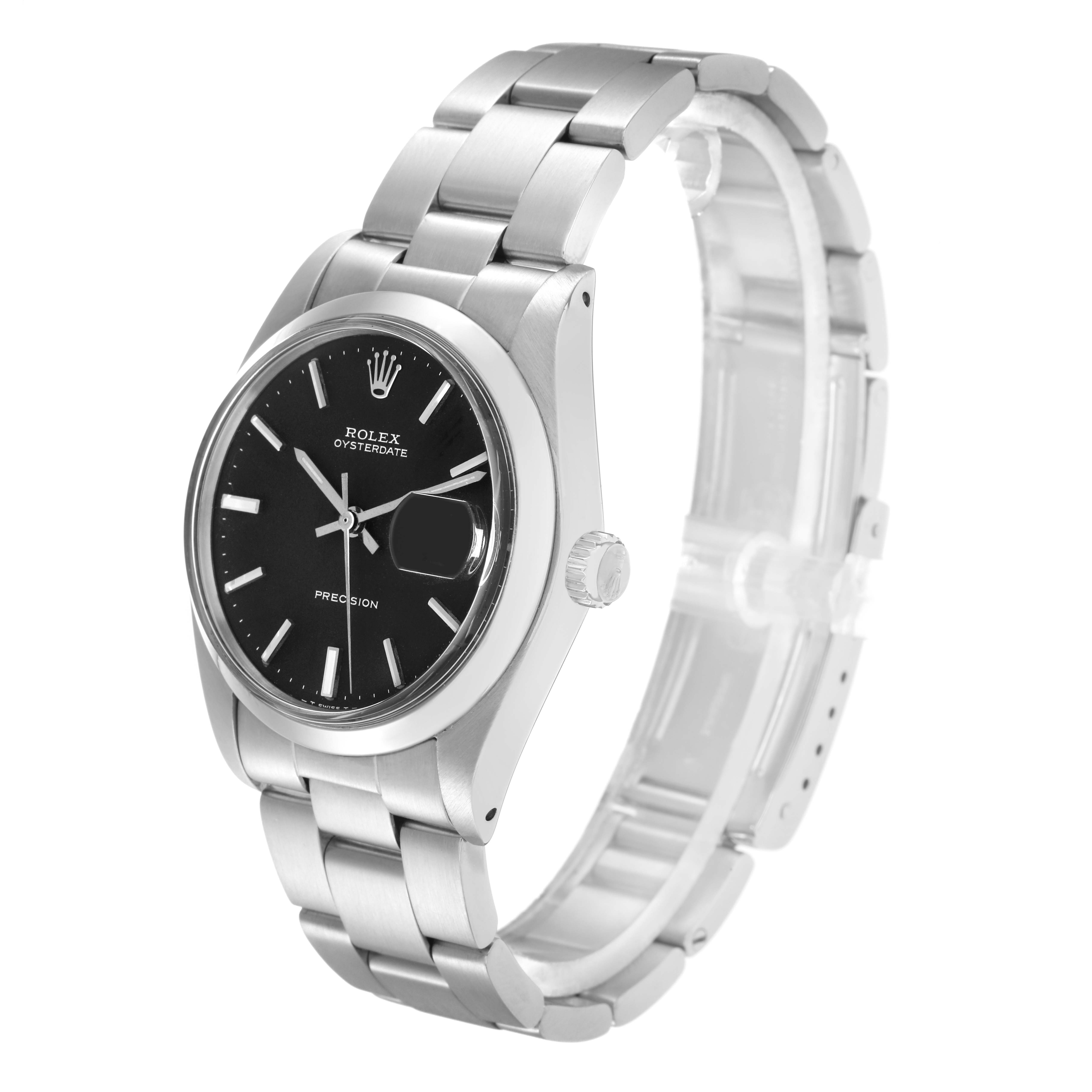 The Rolex Date 6694 Men's Stainless Steel Black Dial watch is shown at a three-quarter angle, highlighting the dial, bezel, crown, and bracelet.