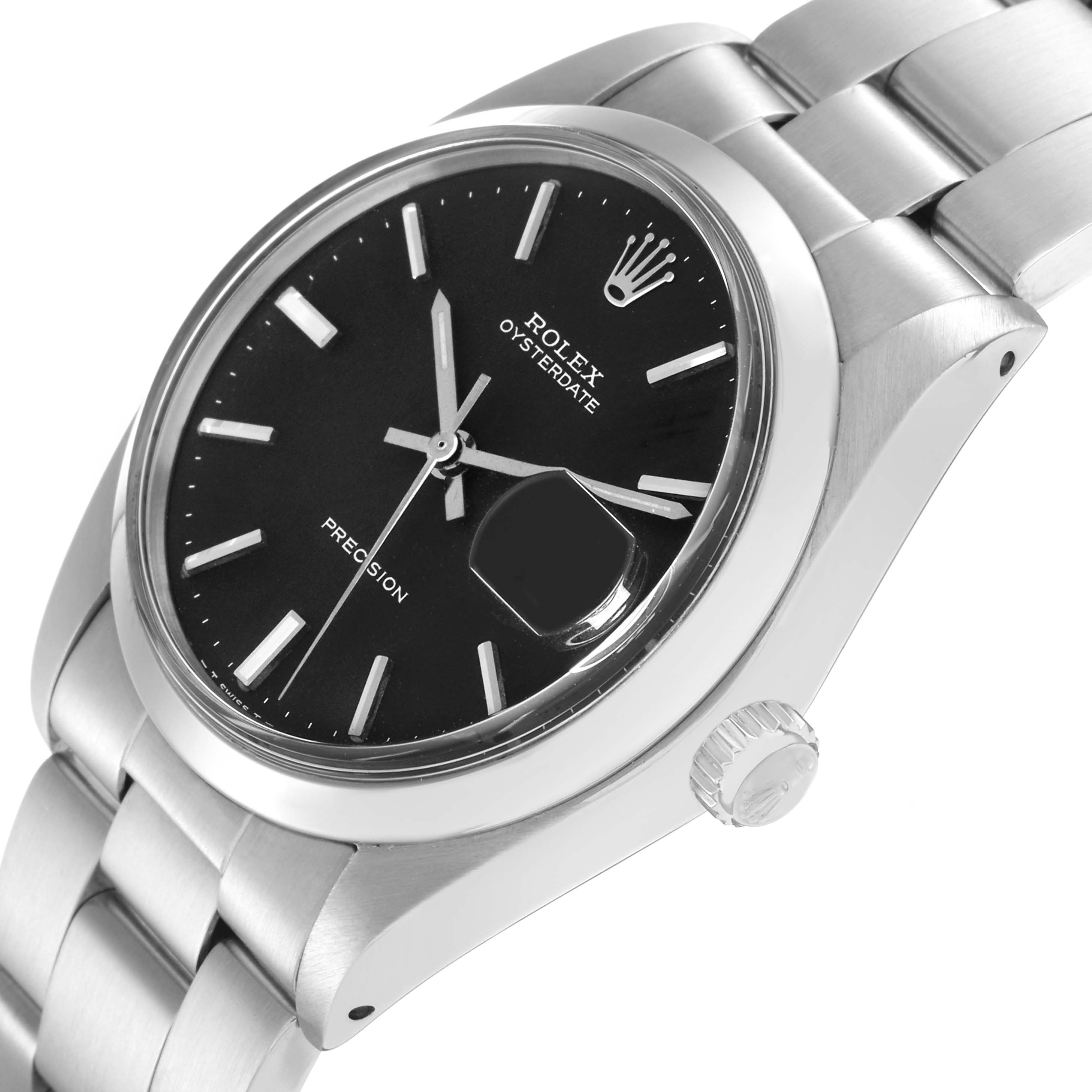 The Rolex Oysterdate watch is shown at an angle highlighting the dial, crown, and stainless steel bracelet.