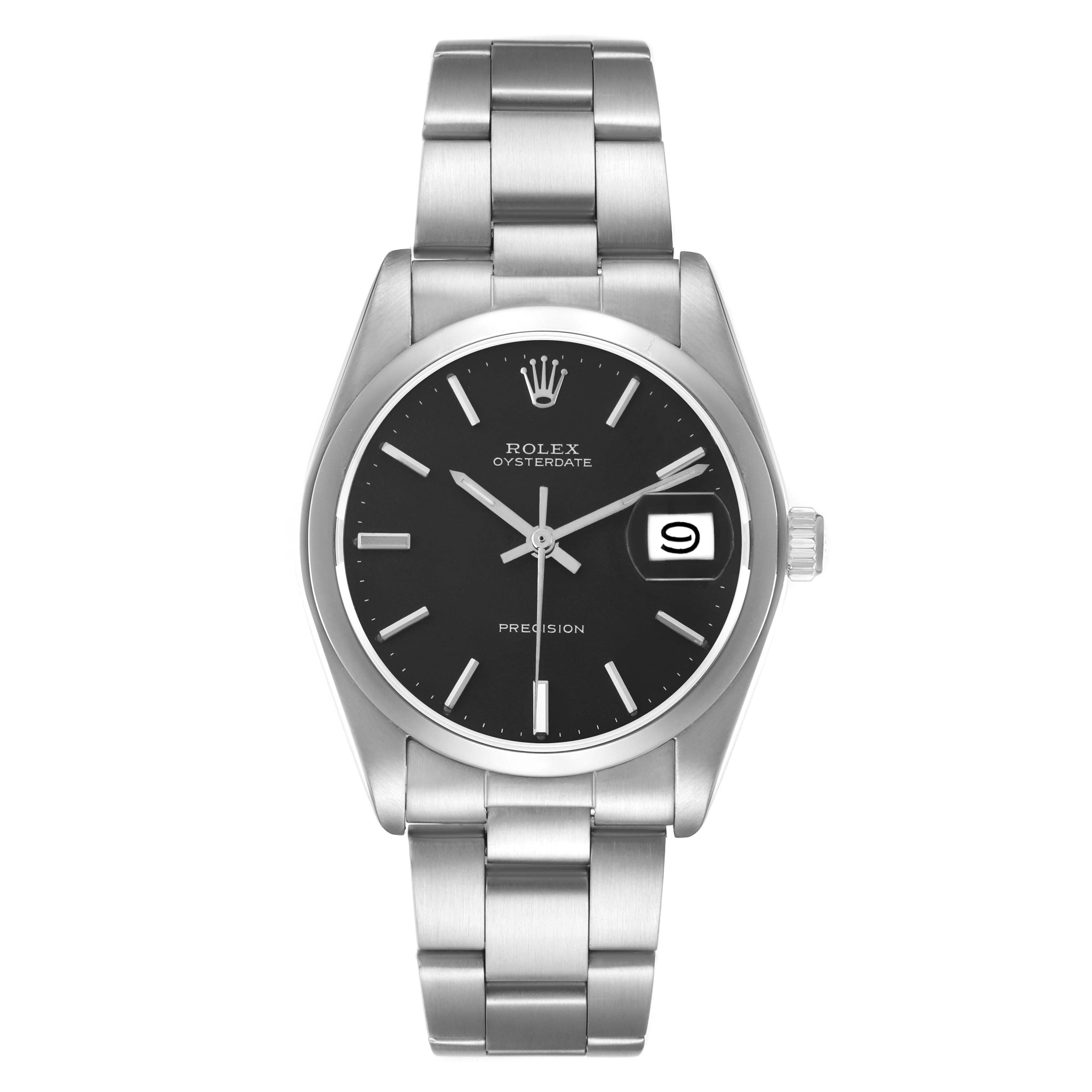 The Rolex Date 6694 Men's Stainless Steel Black Dial model watch is shown from a front angle, displaying its black dial, date window, and metal bracelet.