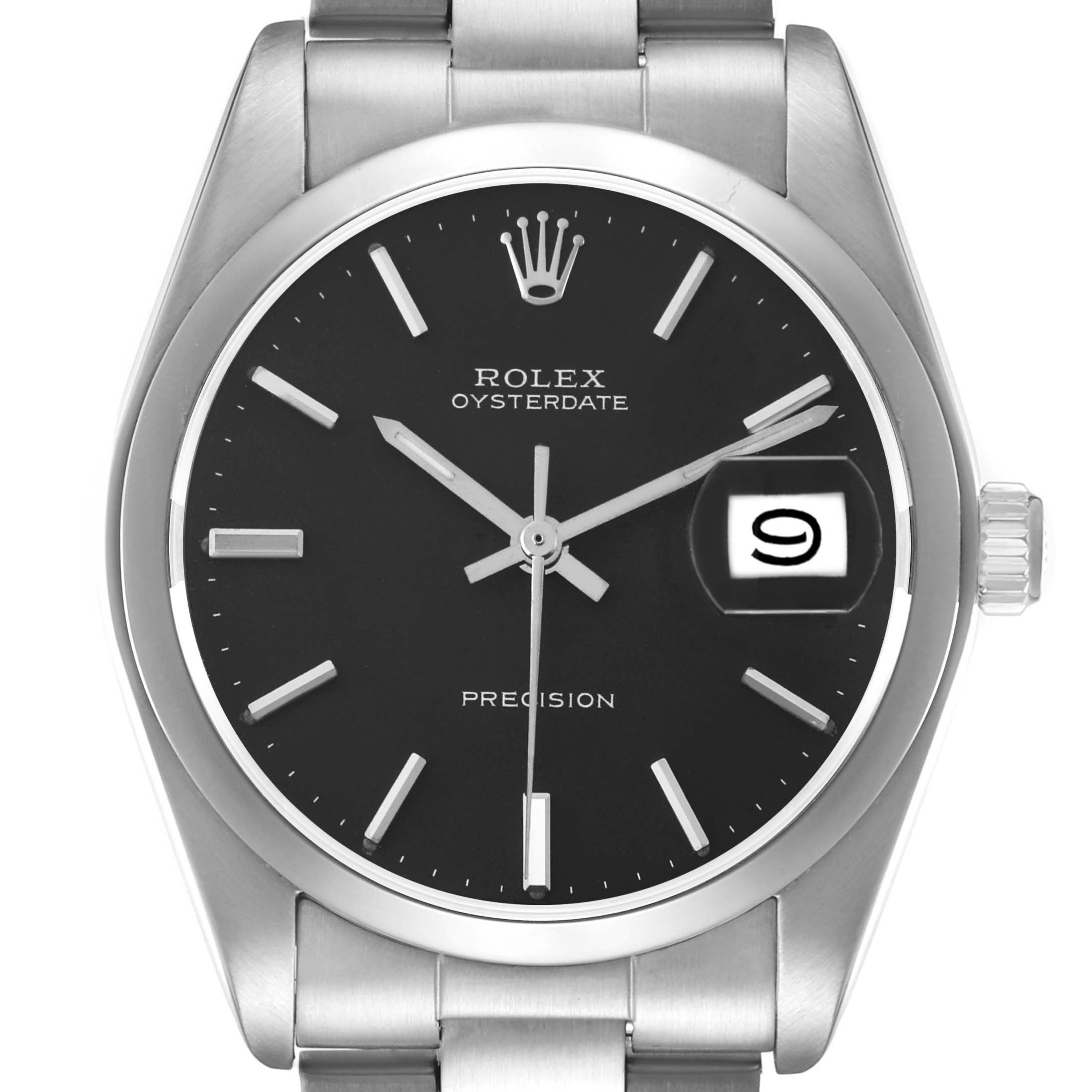 The Rolex Date 6694 Men's Stainless Steel Black Dial model is shown from the front, displaying the face, hands, date window, crown, and part of the bracelet.