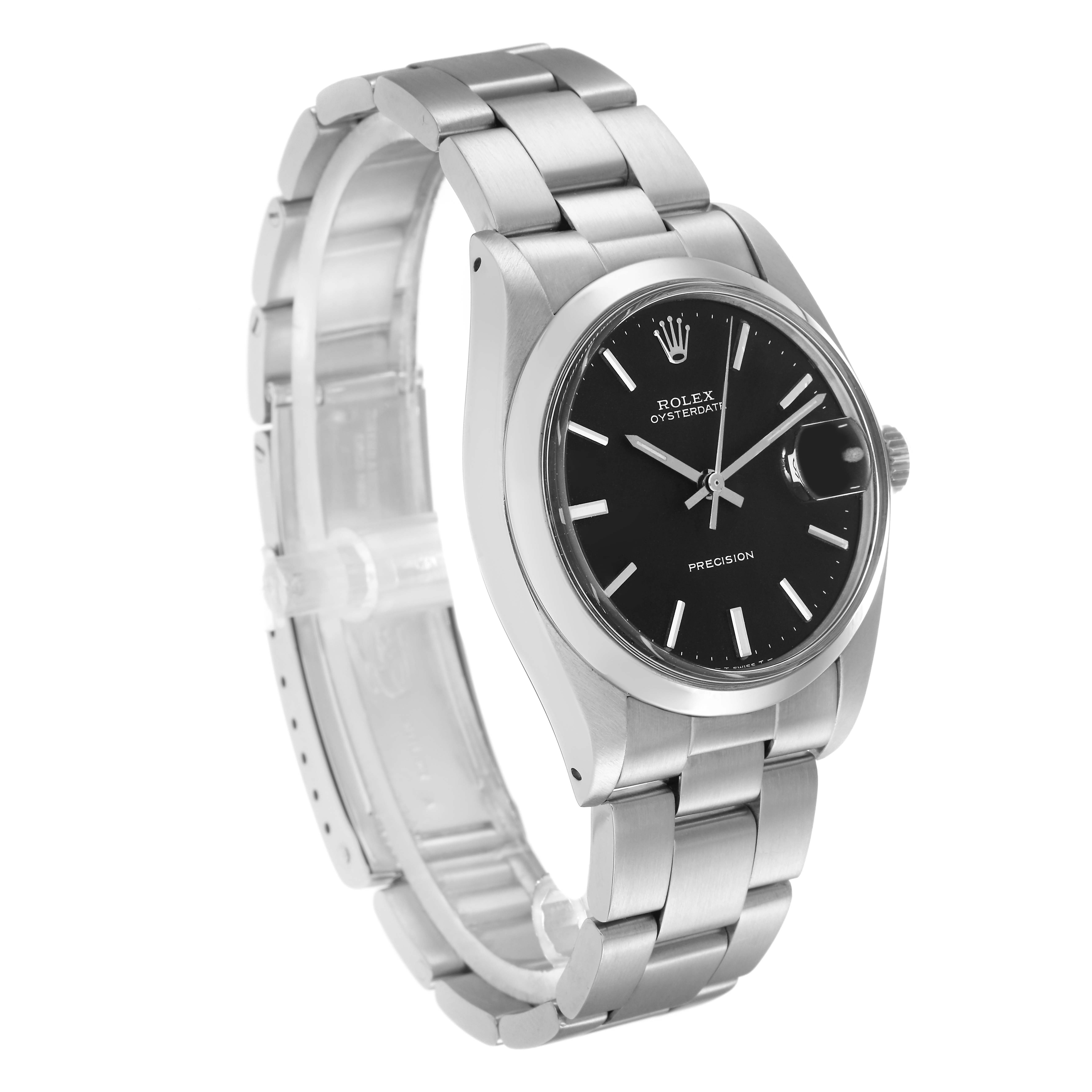 The Rolex Date 6694 Men's Stainless Steel Black Dial model watch is shown at a three-quarter angle, highlighting the dial, bezel, and metal bracelet.