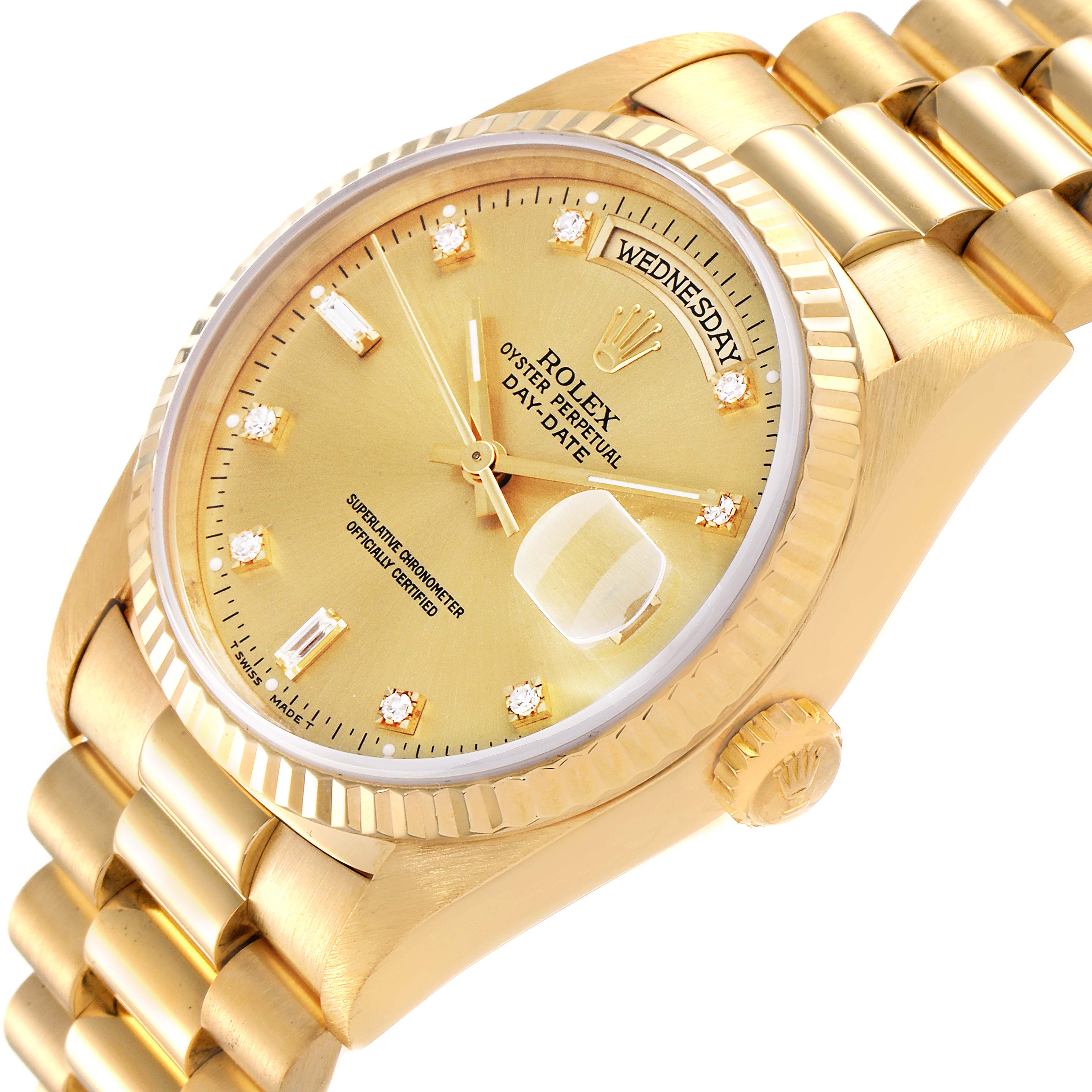 This is a close-up angle of a Rolex President 18238 Men's Yellow Gold Champagne Dial 18238 Men's Yellow Gold Champagne Dial model, showing the face, crown, and part of the bracelet.