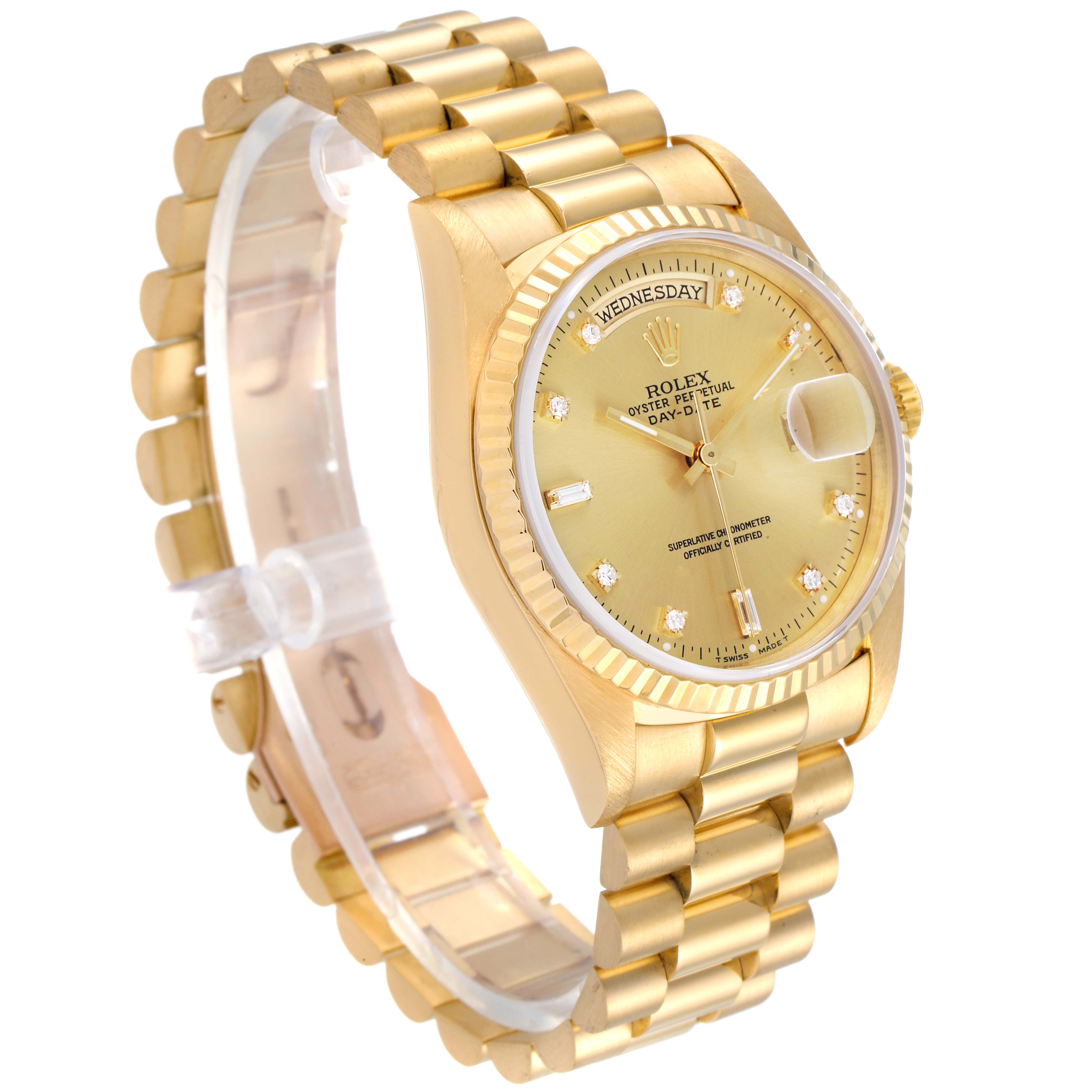 This image shows a side angle of a Rolex President 18238 Men's Yellow Gold Champagne Dial 18238 Men's Yellow Gold Champagne Dial model watch, featuring its gold dial, bezel, and bracelet.