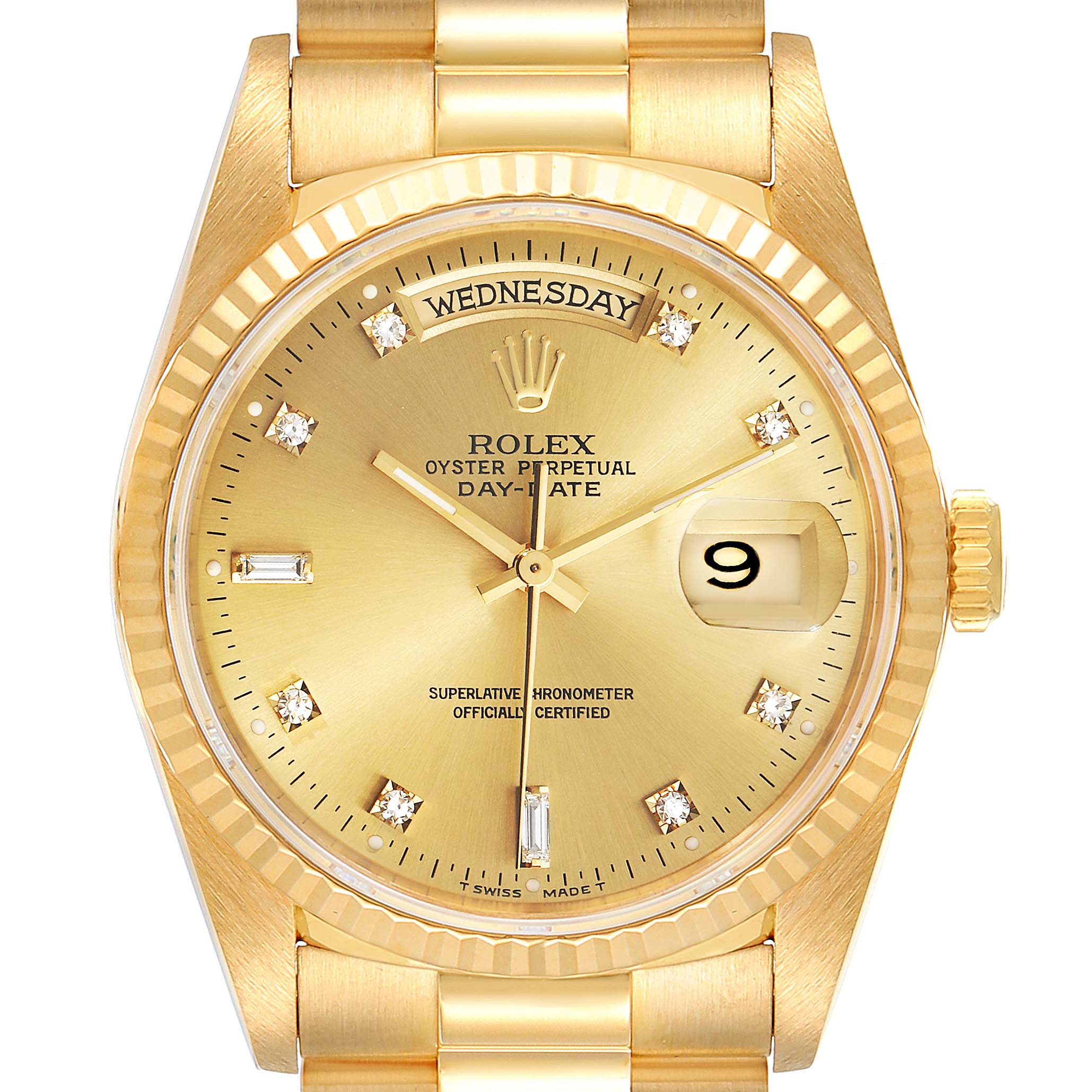 The image shows a close-up view of the Rolex President 18238 Men's Yellow Gold Champagne Dial 18238 Men's Yellow Gold Champagne Dial model watch face, displaying the day, date, and gold bracelet.