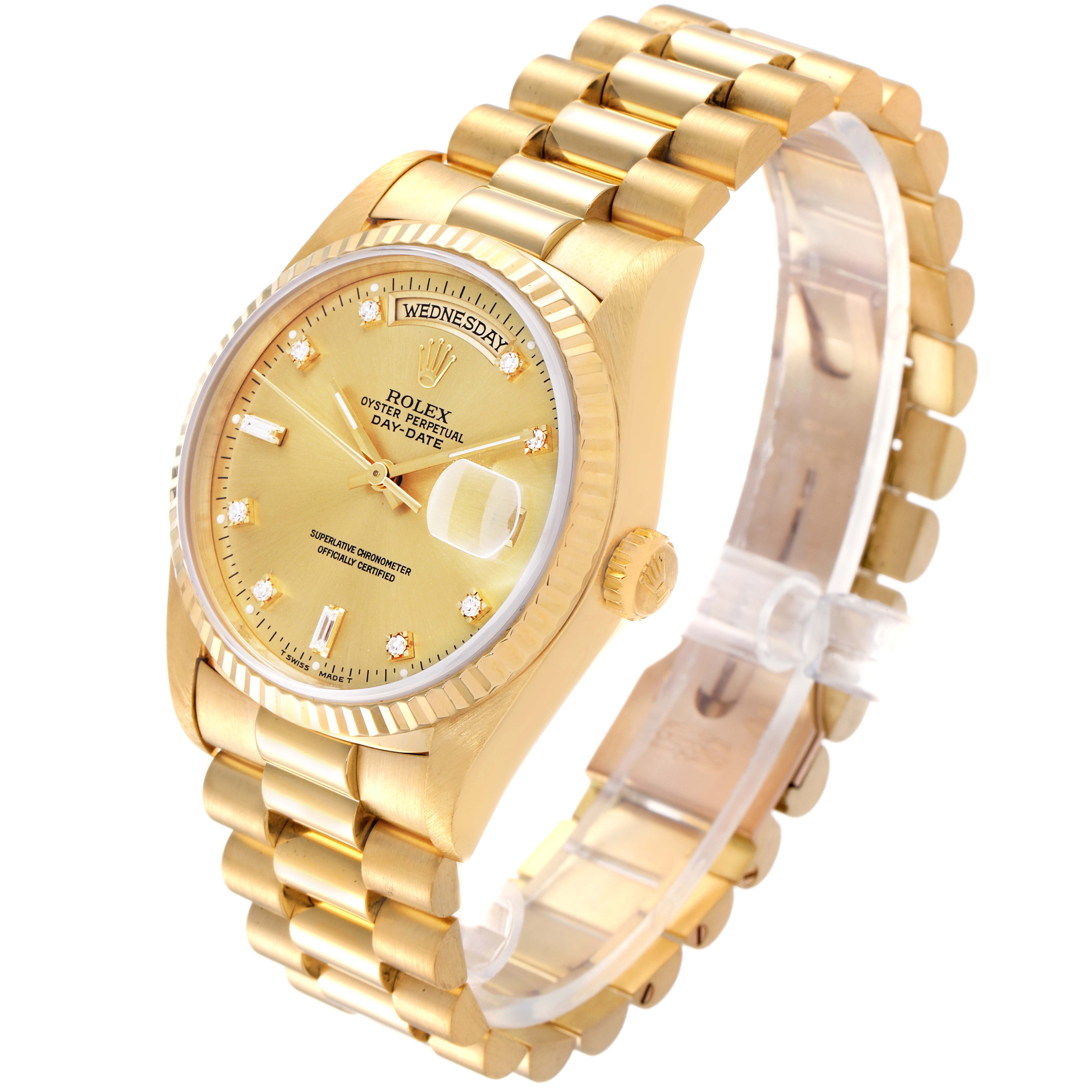 The Rolex President 18238 Men's Yellow Gold Champagne Dial 18238 Men's Yellow Gold Champagne Dial model watch is shown at a slight angle showcasing its gold bracelet, dial, and crown.