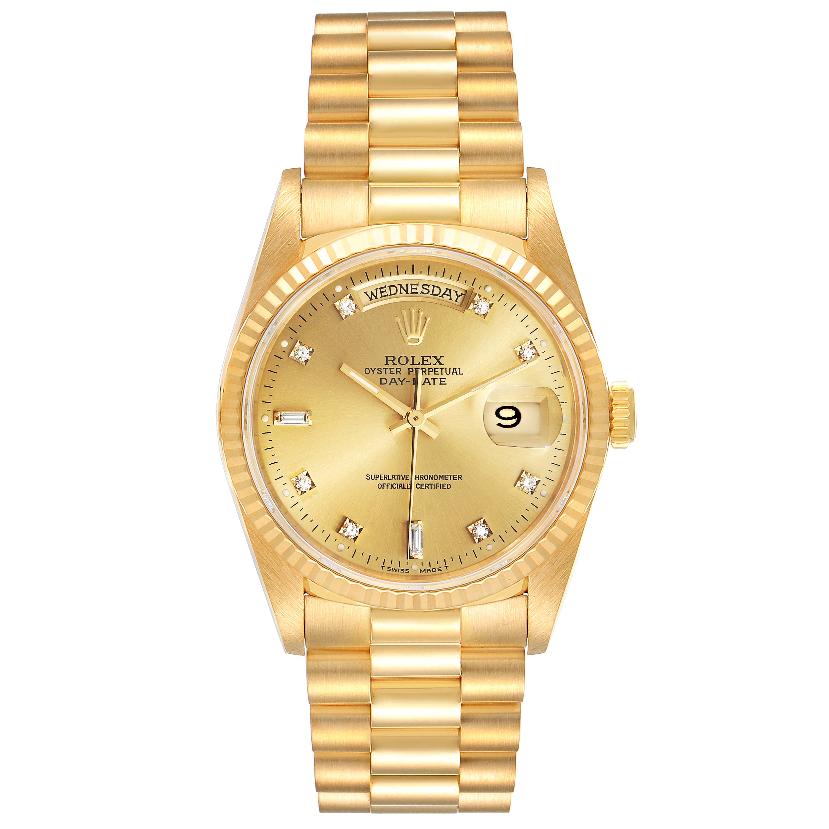 The image shows the front view of the Rolex President 18238 Men's Yellow Gold Champagne Dial 18238 Men's Yellow Gold Champagne Dial model watch, displaying its case, bracelet, dial, day, and date indicators.