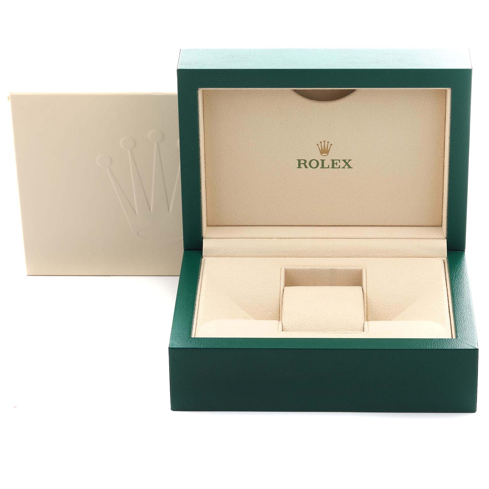 The image shows an open Rolex President 228235 Men's Rose Gold Pink Dial 228235 Men's Rose Gold Pink Dial model watch box, highlighting the logo and internal cushioning from the front angle.