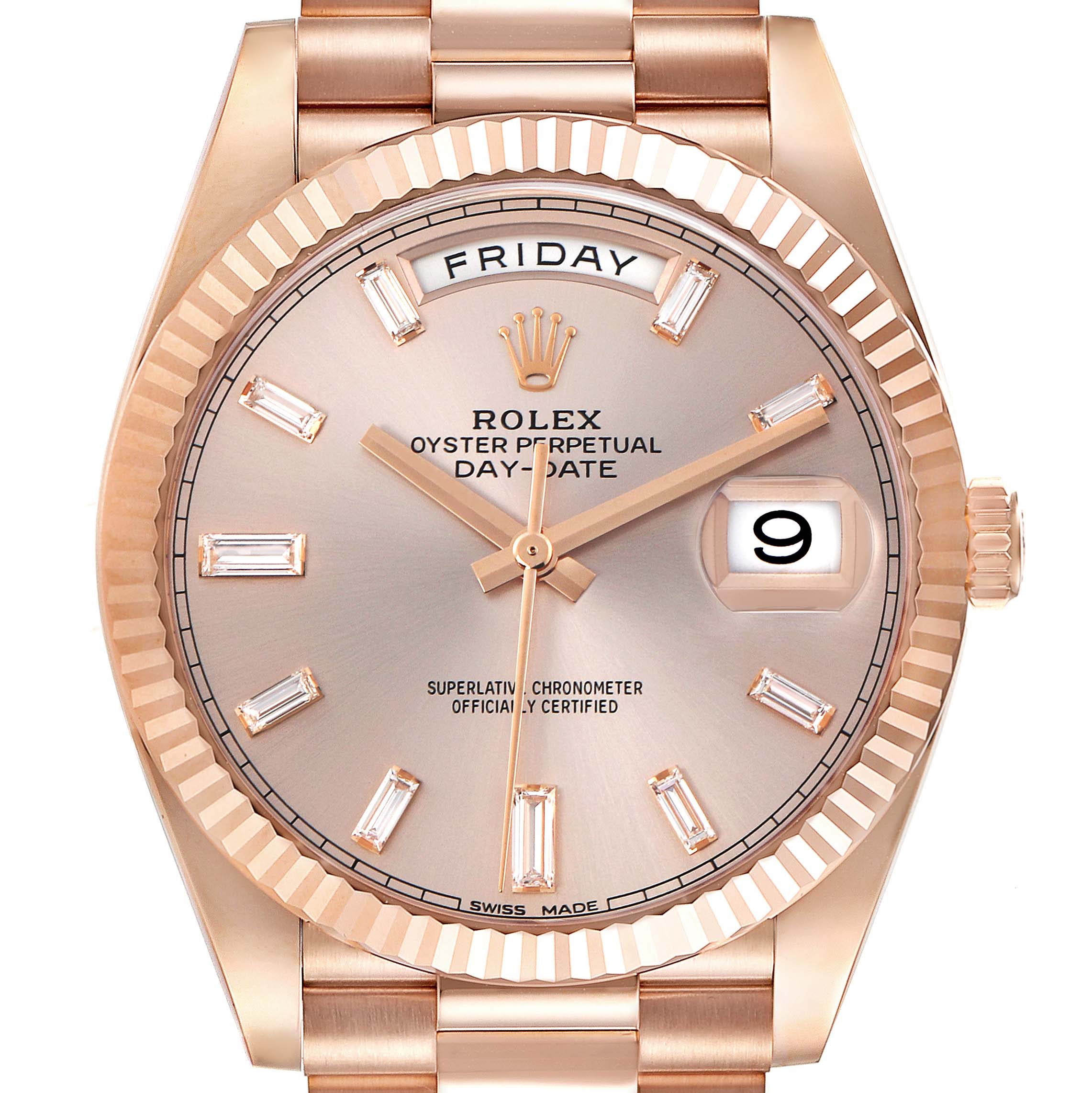 The Rolex President 228235 Men's Rose Gold Pink Dial 228235 Men's Rose Gold Pink Dial model is shown from a frontal angle, highlighting the dial, hour markers, day, and date window.