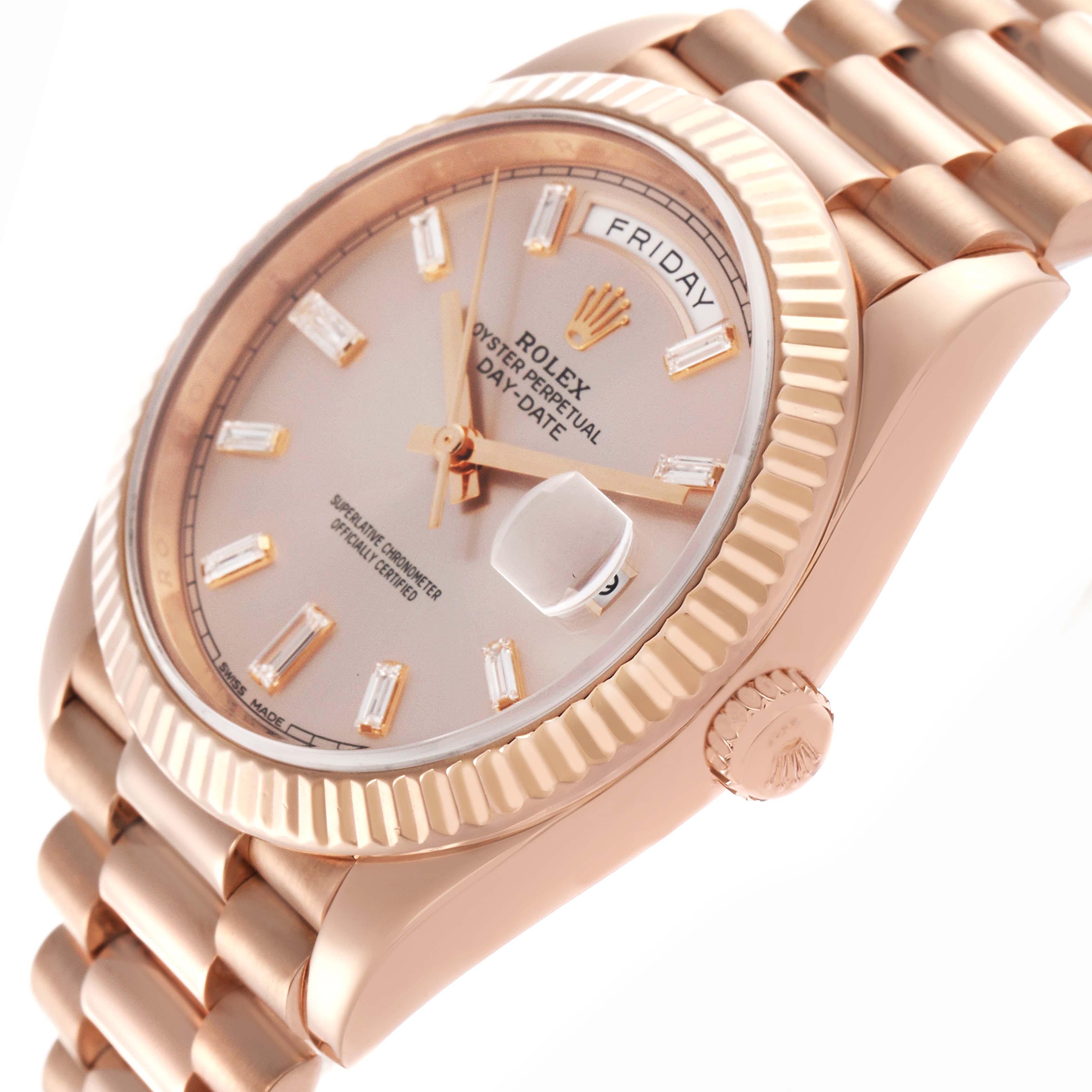 The Rolex President 228235 Men's Rose Gold Pink Dial 228235 Men's Rose Gold Pink Dial model is shown at an oblique angle, highlighting the face, fluted bezel, crown, and bracelet links.