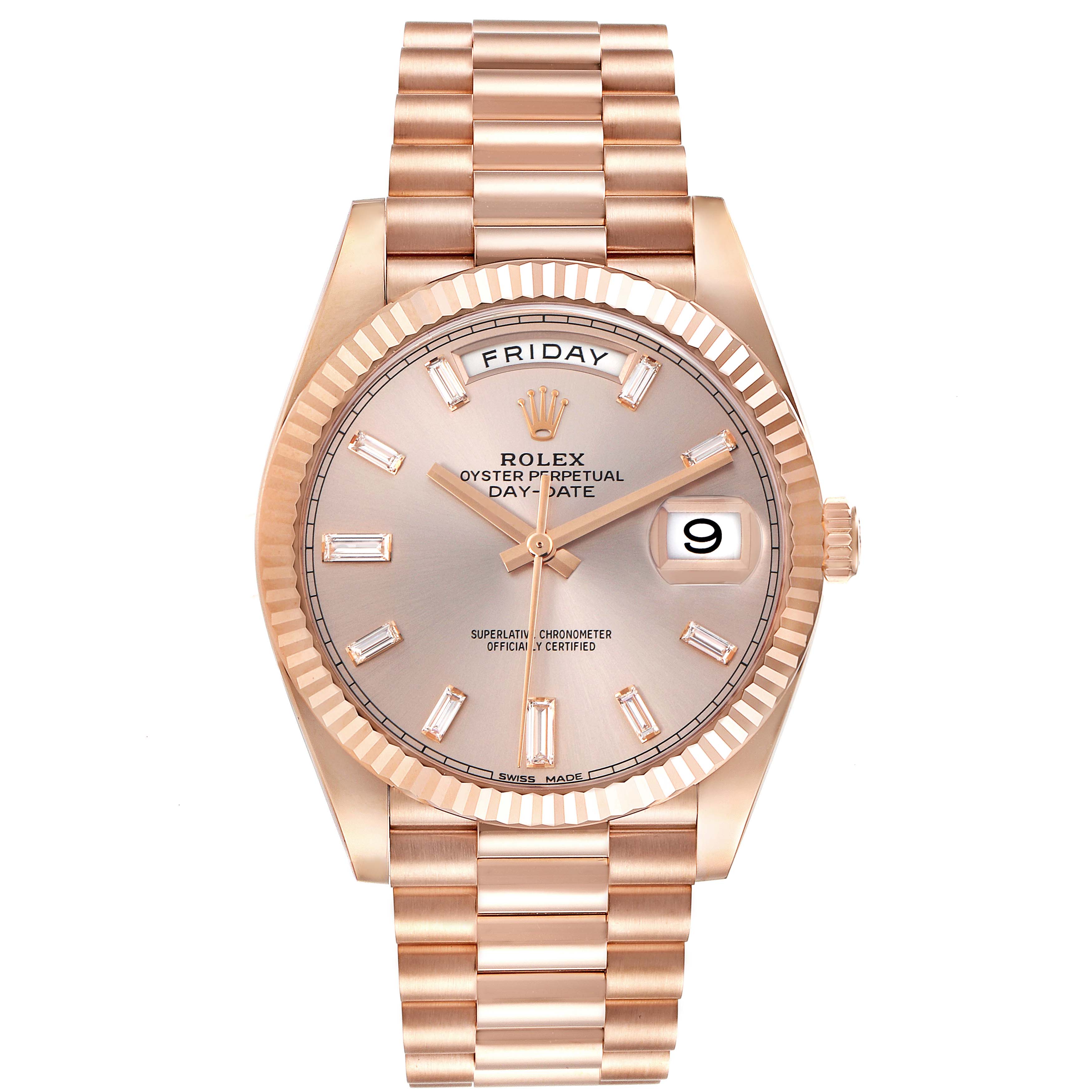 The Rolex President 228235 Men's Rose Gold Pink Dial 228235 Men's Rose Gold Pink Dial model is shown from a top view, highlighting its dial, bezel, and bracelet.