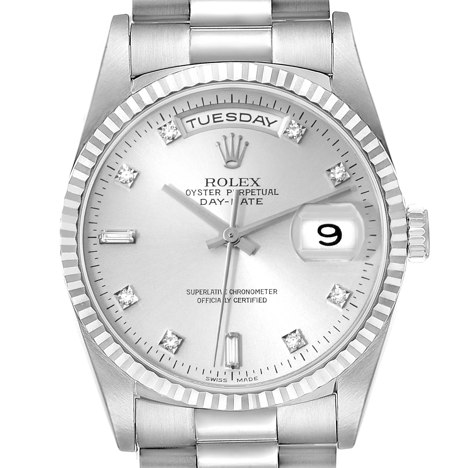 The image shows a frontal view of the face and band of a Rolex President 18239 Men's White Gold Silver Dial 18239 Men's White Gold Silver Dial Day-Date watch.