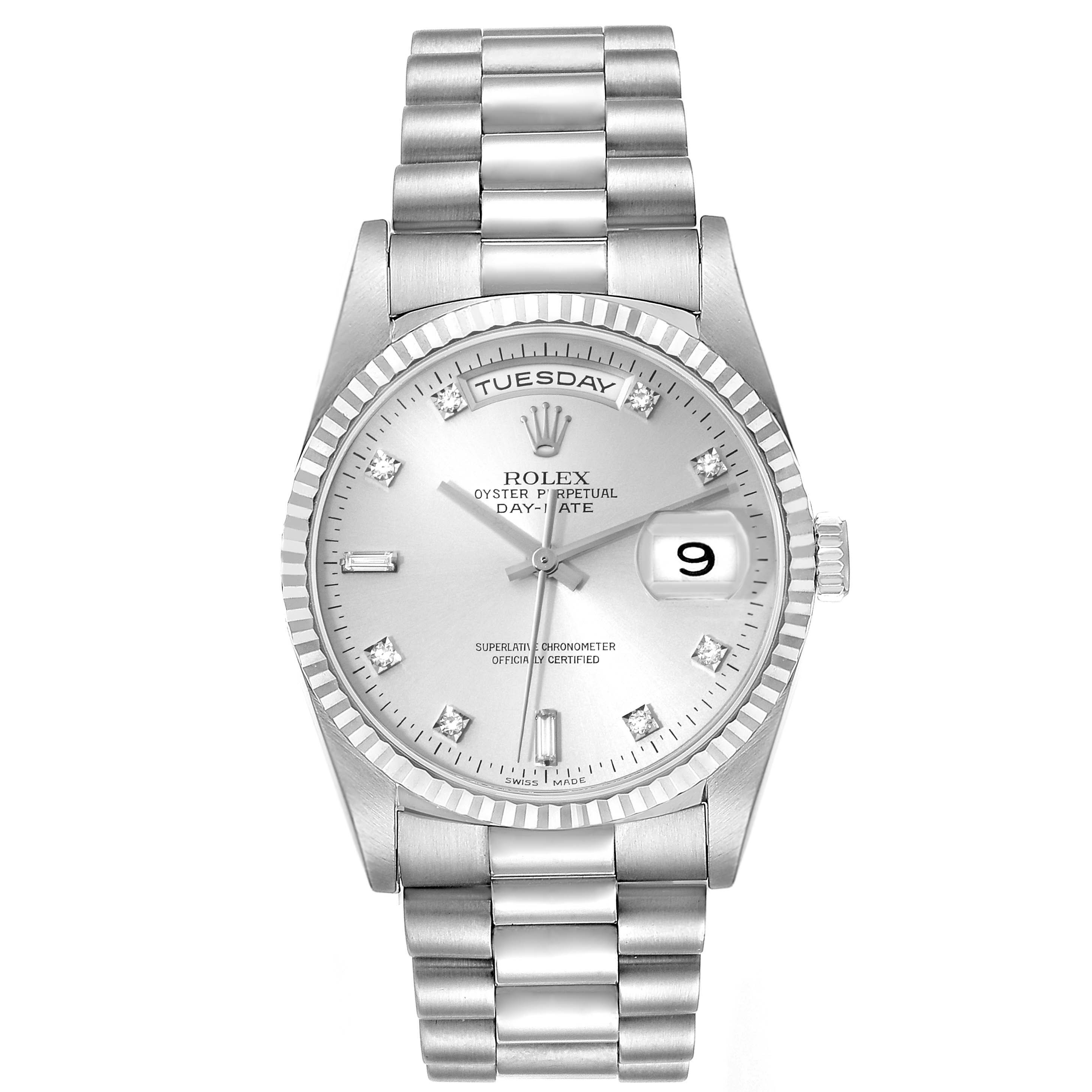 The image shows a front view of the Rolex President 18239 Men's White Gold Silver Dial 18239 Men's White Gold Silver Dial Oyster Perpetual Day-Date watch, displaying the dial, bracelet, and crown.