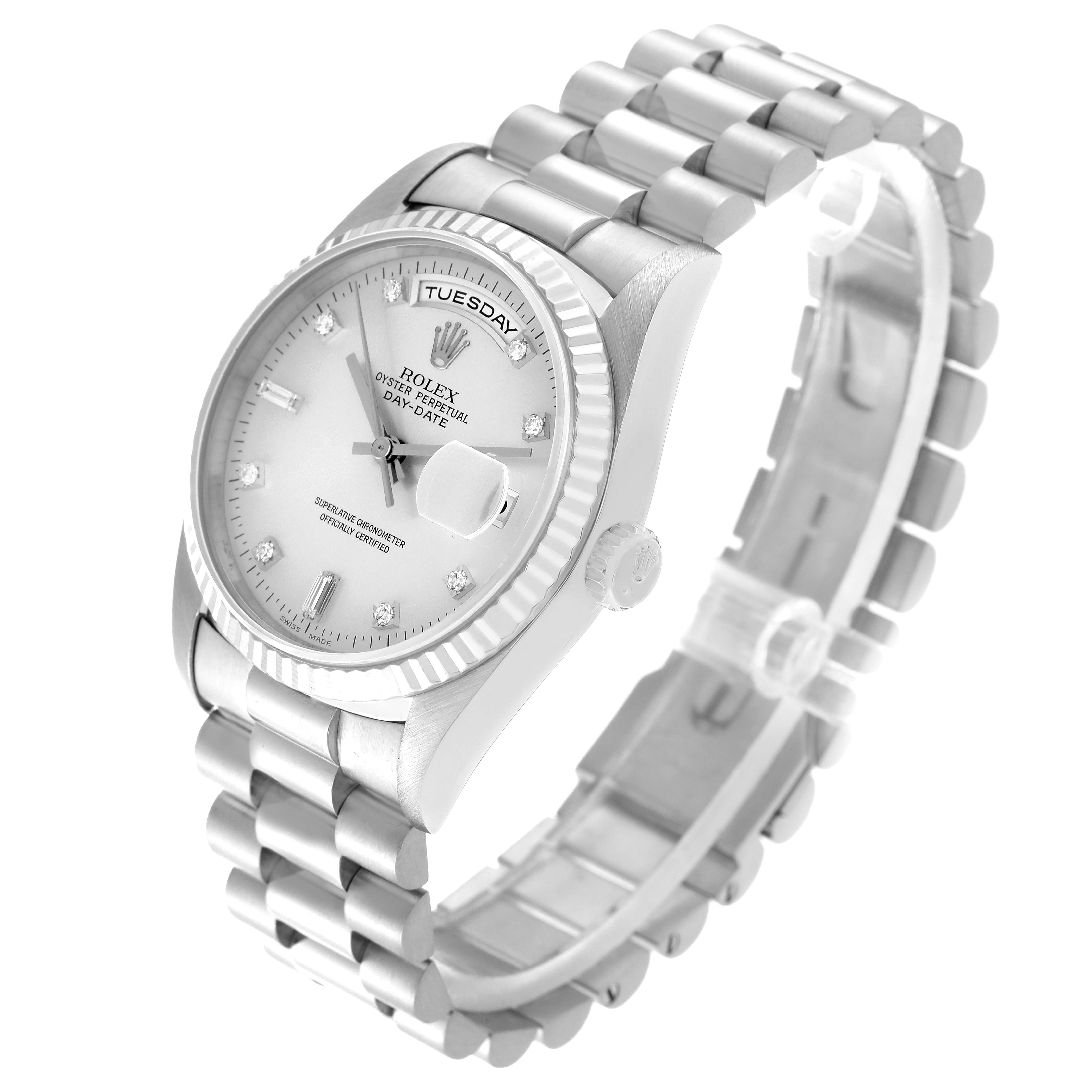 This image shows a side view of a Rolex President 18239 Men's White Gold Silver Dial 18239 Men's White Gold Silver Dial model watch, highlighting the bracelet, case, and dial.