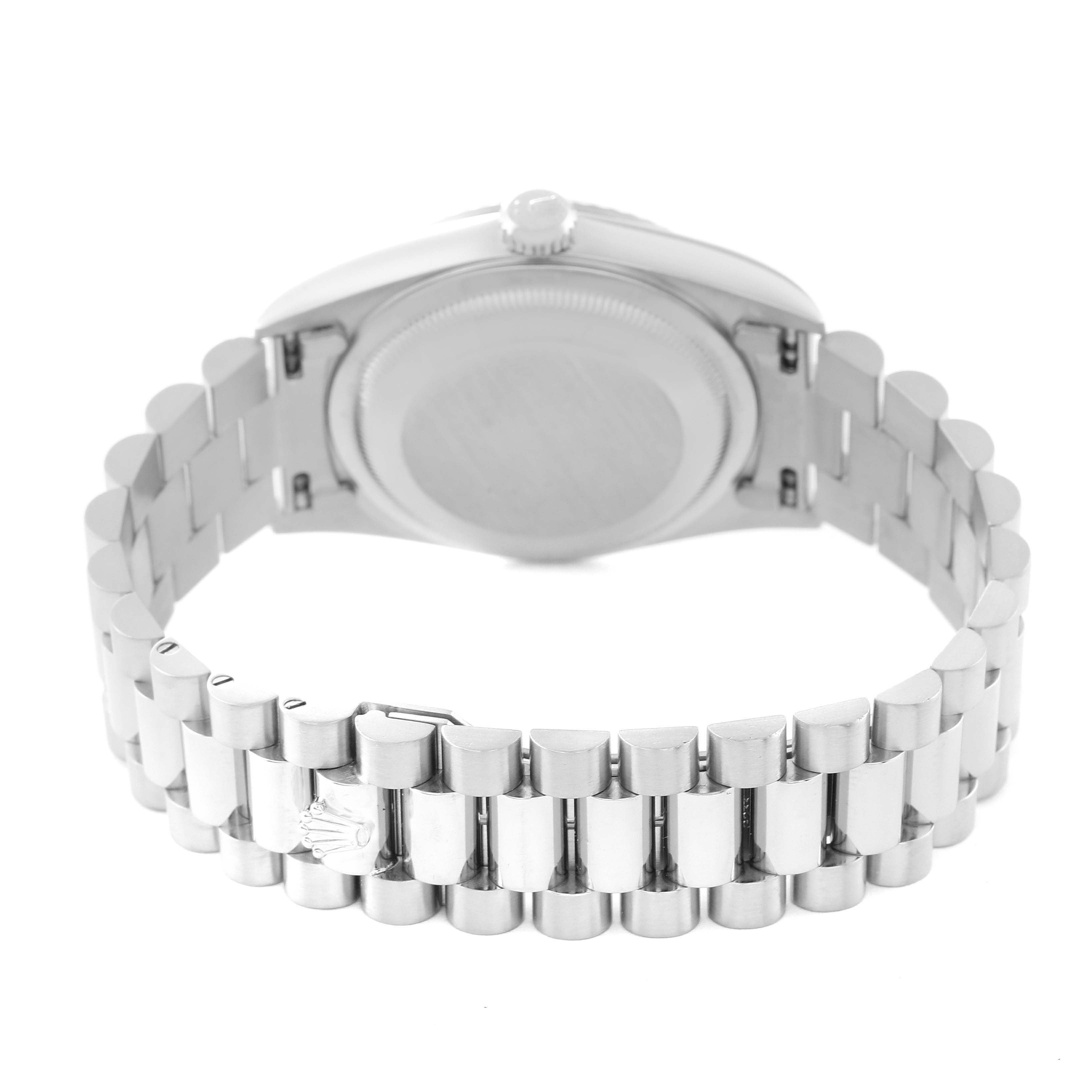 The image shows the back view of the Rolex President 18239 Men's White Gold Silver Dial 18239 Men's White Gold Silver Dial watch, highlighting the case back and bracelet.