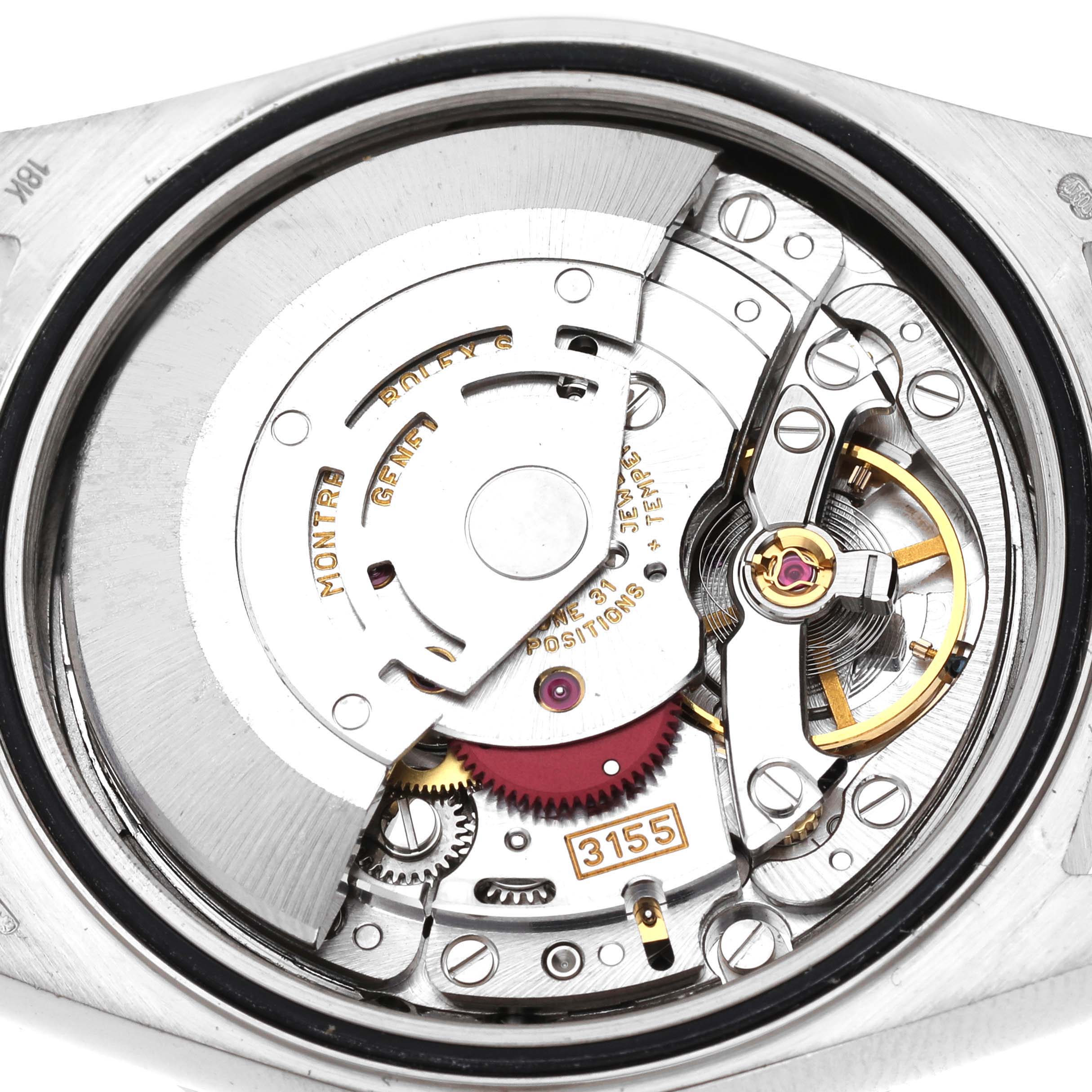This image shows a close-up view of the internal mechanism of a Rolex President 18389MG Men's White Gold Blue Dial 18389MG Men's White Gold Blue Dial model watch.