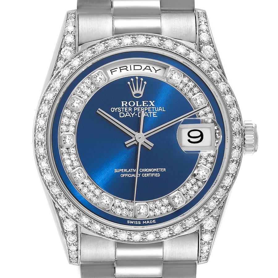 Rolex President Day-Date White Gold Myriad Diamond Mens Watch 18389 SwissWatchExpo