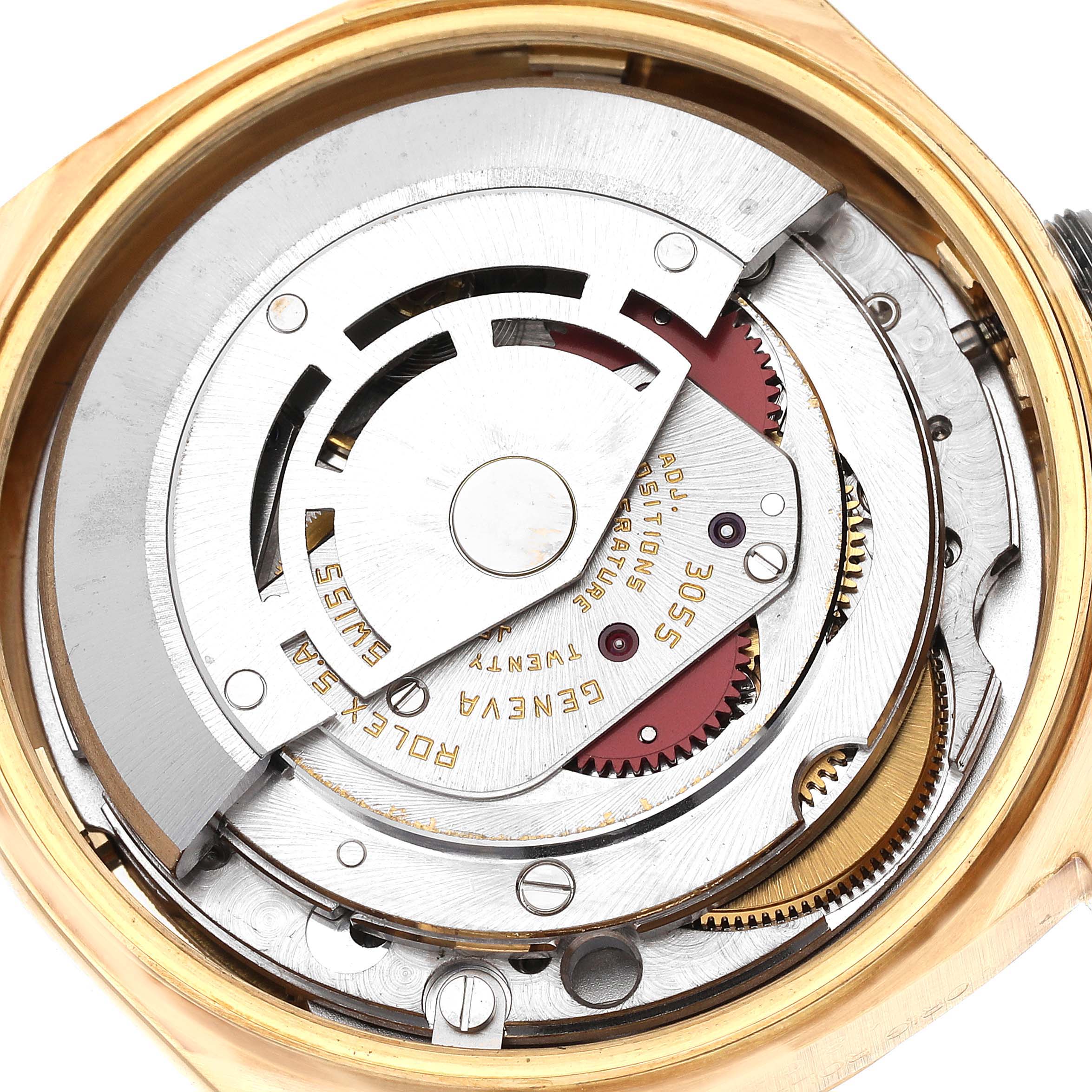 The image shows an internal view of the Rolex President 18038 Men's Yellow Gold Black Dial 18038 Men's Yellow Gold Black Dial model's movement mechanism.