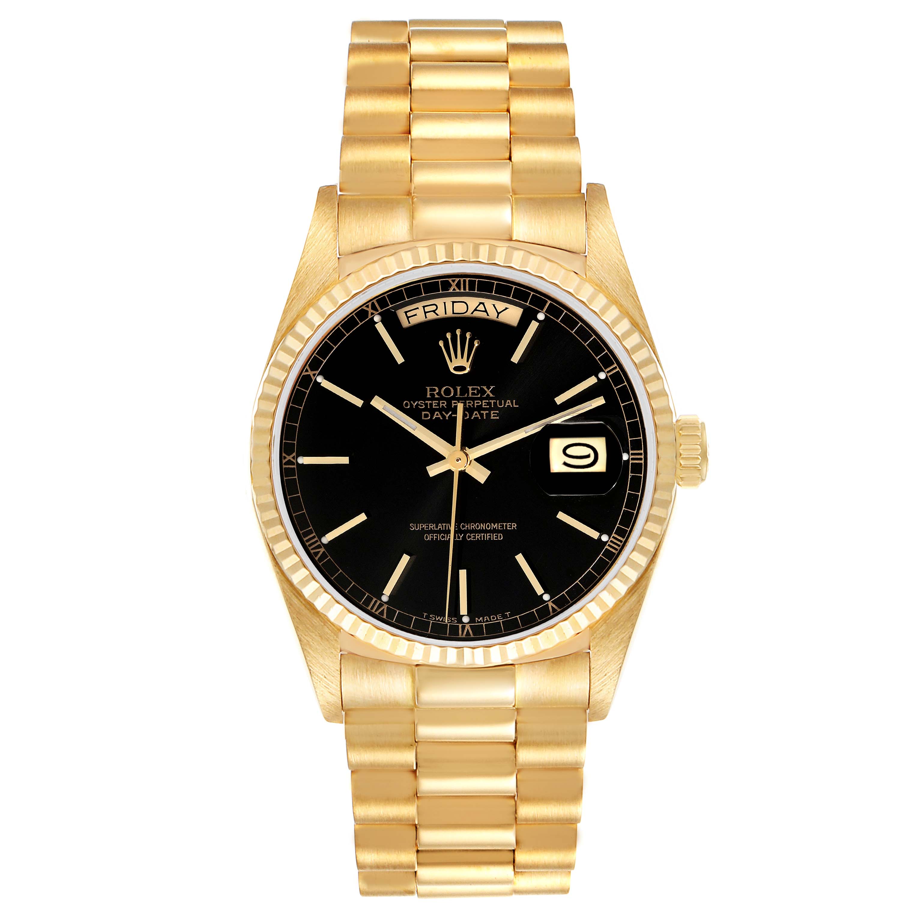 This image shows a front, close-up view of a Rolex President 18038 Men's Yellow Gold Black Dial 18038 Men's Yellow Gold Black Dial model watch, highlighting the black dial, gold bracelet, and day-date display.