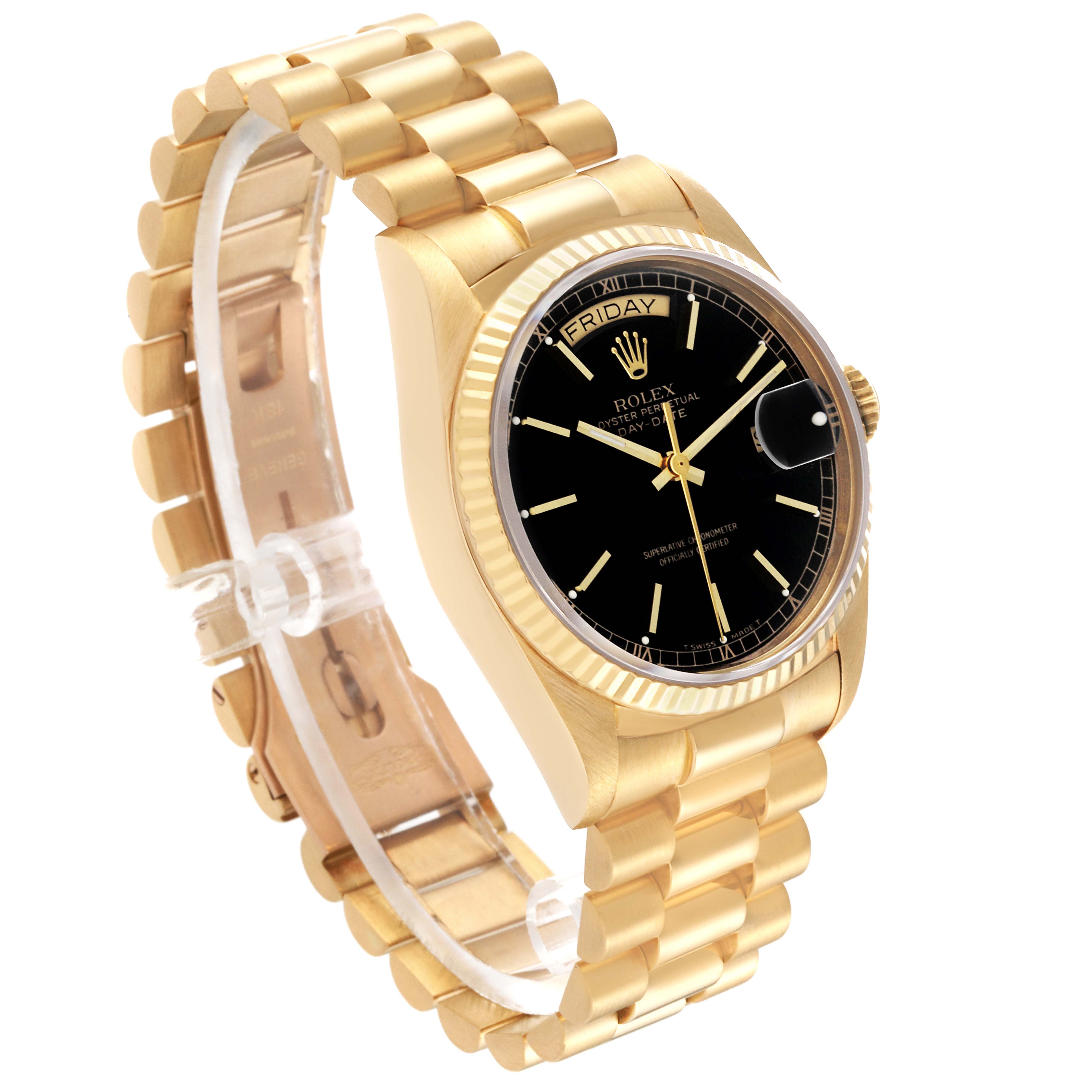 The image shows a side view of a Rolex President 18038 Men's Yellow Gold Black Dial 18038 Men's Yellow Gold Black Dial model watch, highlighting its gold bracelet, black dial, and fluted bezel.