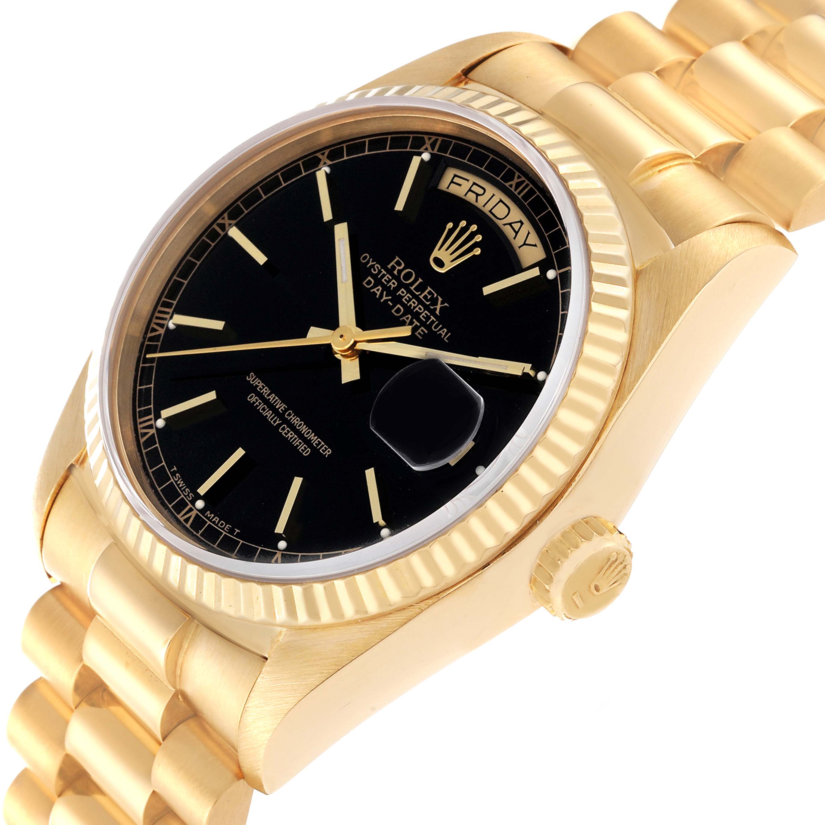 The Rolex President 18038 Men's Yellow Gold Black Dial 18038 Men's Yellow Gold Black Dial model watch is shown at an angle highlighting its black dial, fluted bezel, and gold bracelet with the crown visible.