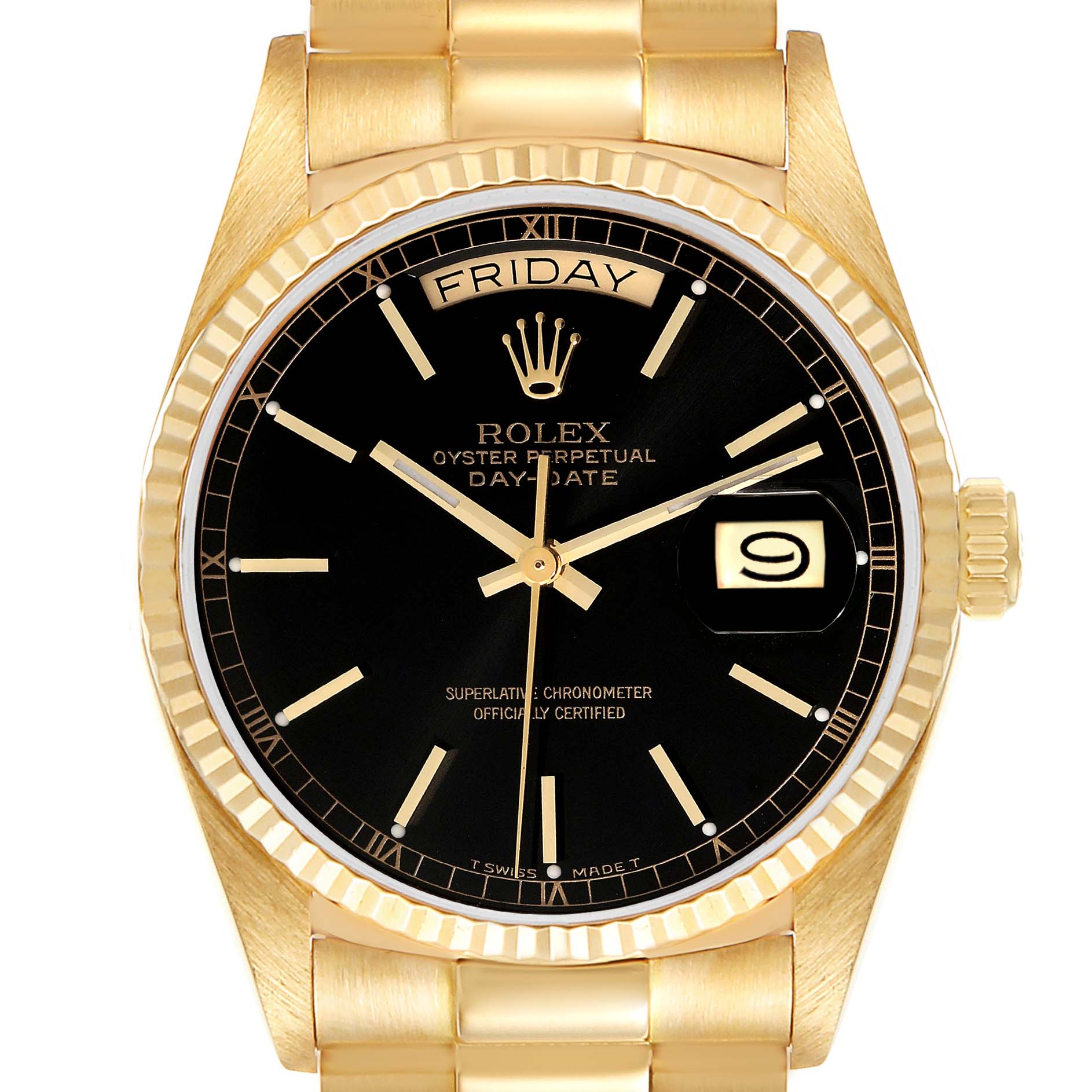 The image shows a front view of the Rolex President 18038 Men's Yellow Gold Black Dial 18038 Men's Yellow Gold Black Dial Day-Date watch, highlighting the face, bezel, and part of the bracelet.
