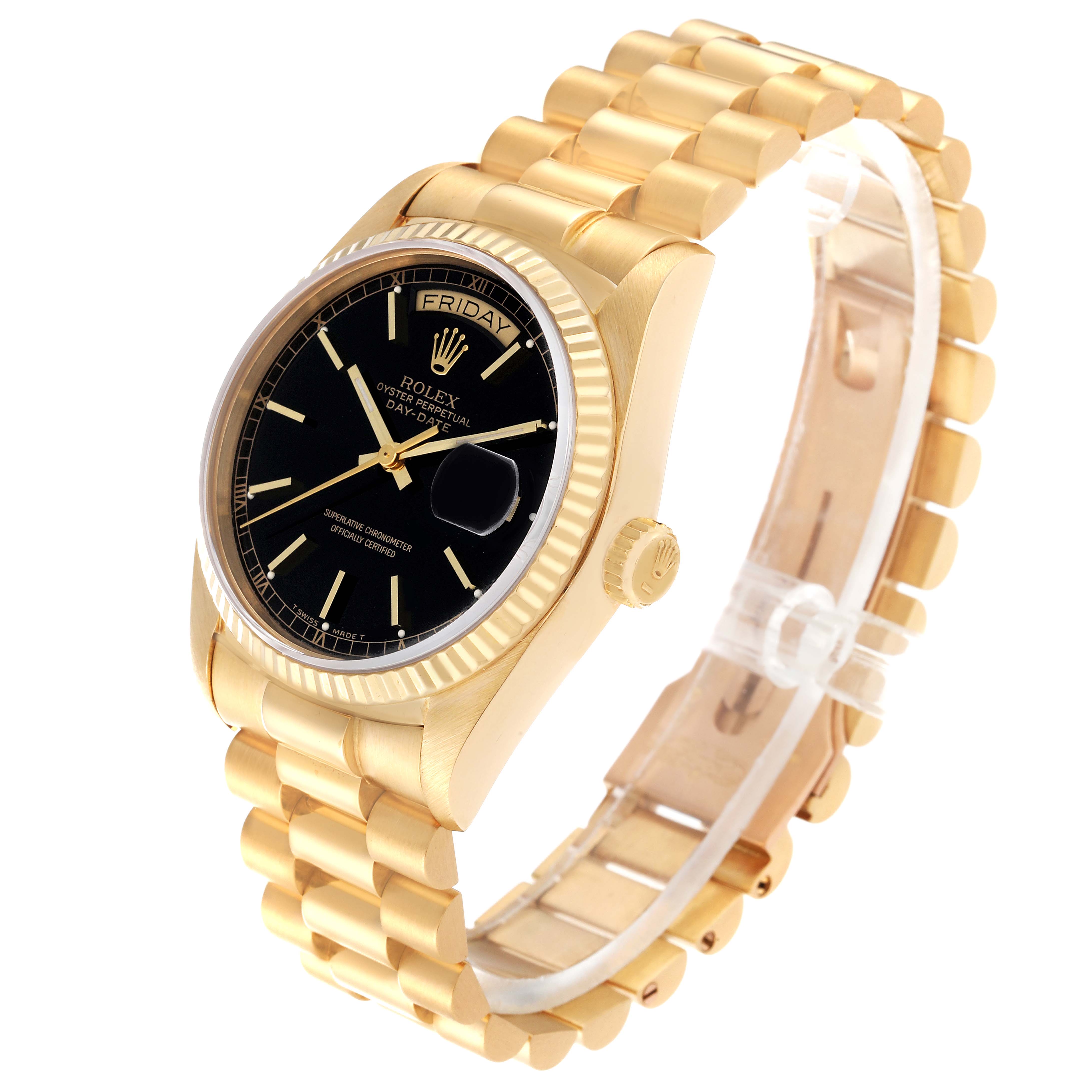 This image shows a Rolex President 18038 Men's Yellow Gold Black Dial 18038 Men's Yellow Gold Black Dial model watch at a three-quarter angle, highlighting the black dial, fluted bezel, and gold bracelet.