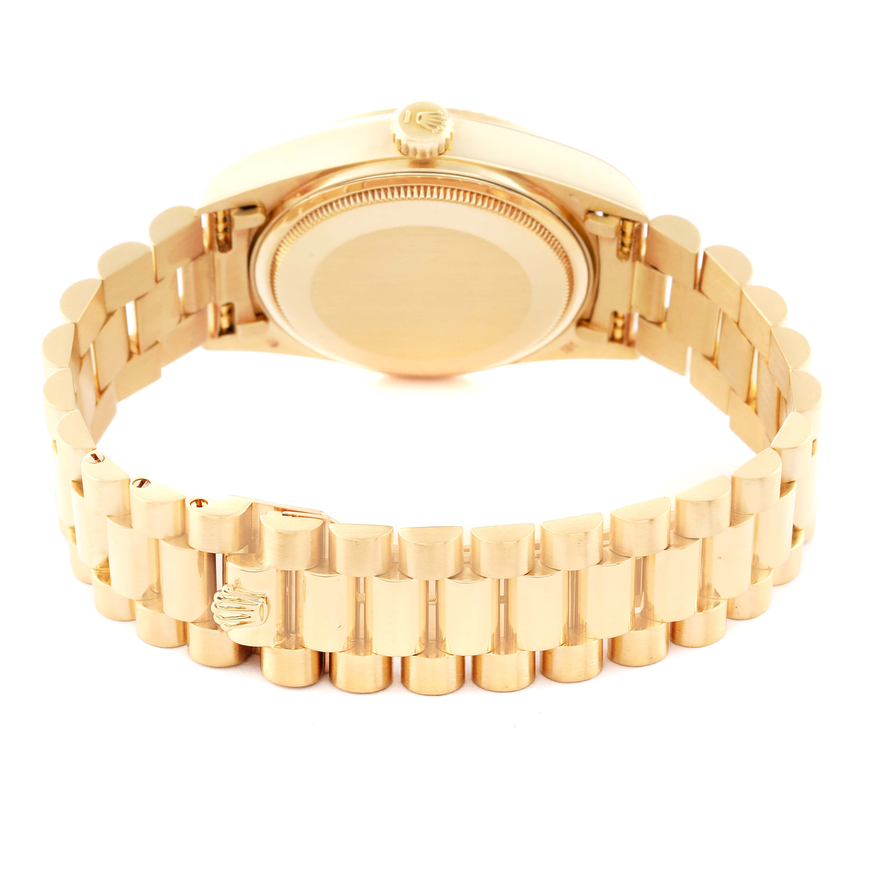 The image shows the back of the Rolex President 18038 Men's Yellow Gold Black Dial 18038 Men's Yellow Gold Black Dial model watch, highlighting the bracelet and clasp.
