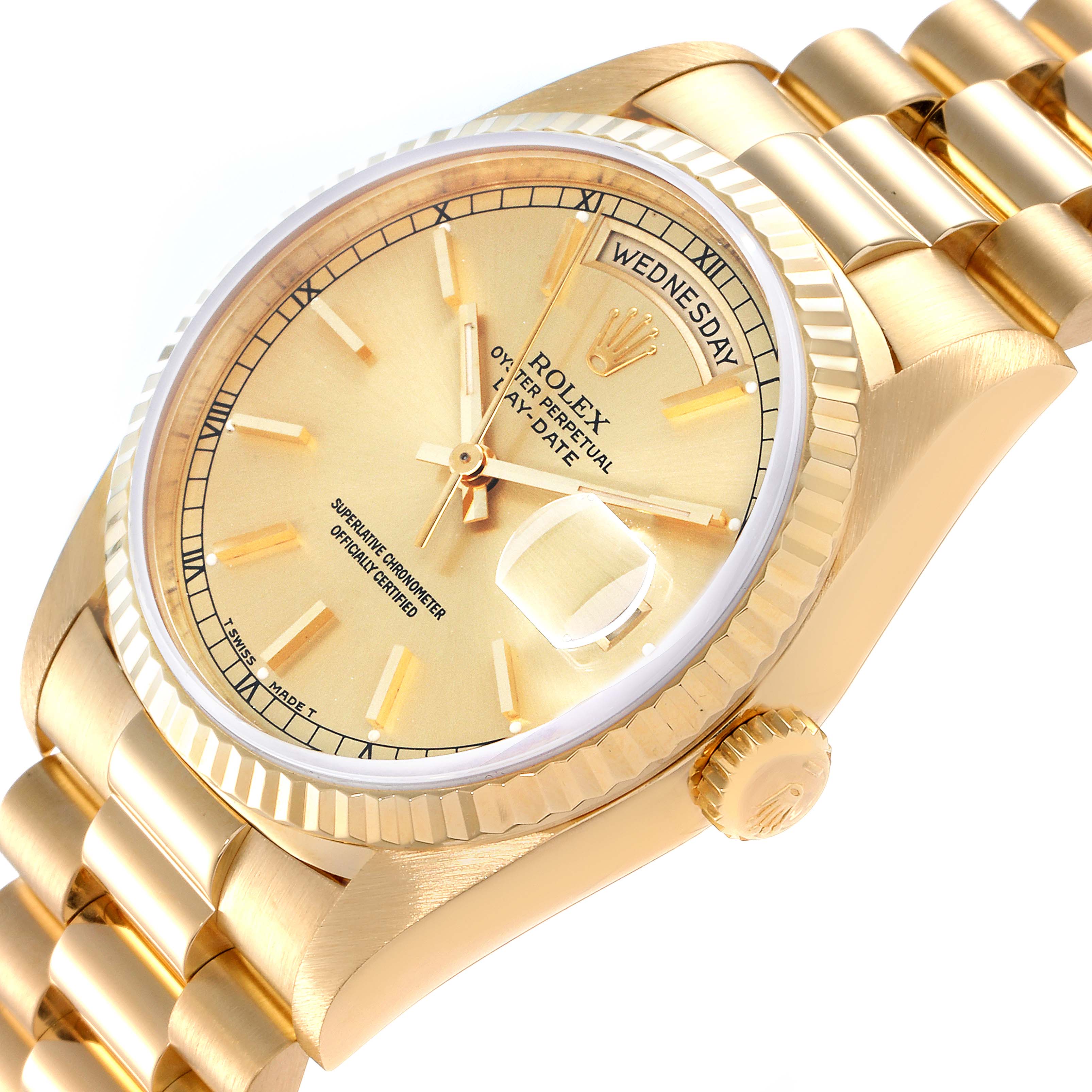 This image shows a close-up of the dial, bezel, crown, and bracelet of the Rolex President 18238 Men
s Yellow Gold Champagne Dial 18238 Men
s Yellow Gold Champagne Dial model watch.