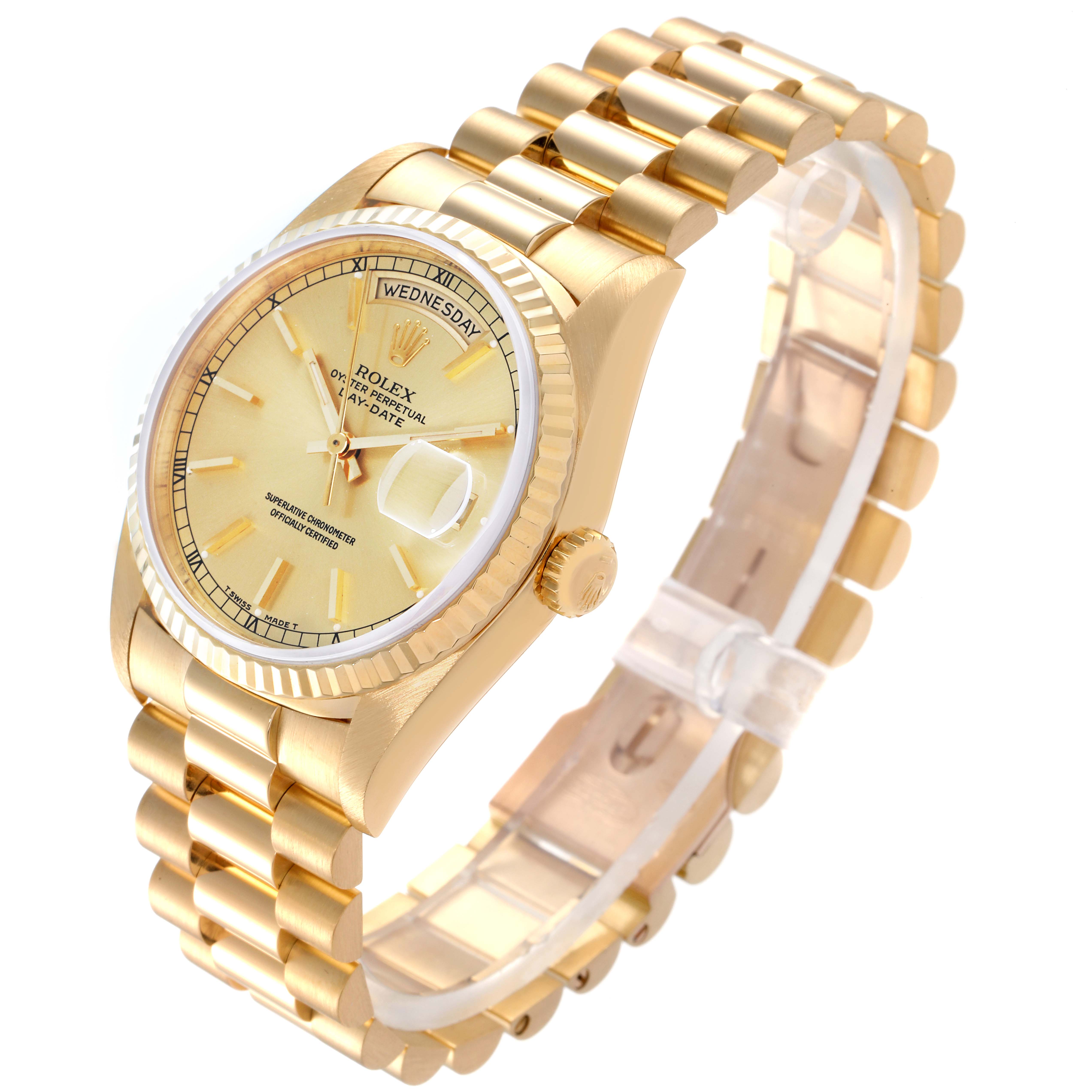 The image shows a Rolex President 18238 Men
s Yellow Gold Champagne Dial 18238 Men
s Yellow Gold Champagne Dial model watch at an angle highlighting the face, fluted bezel, crown, and the gold bracelet.