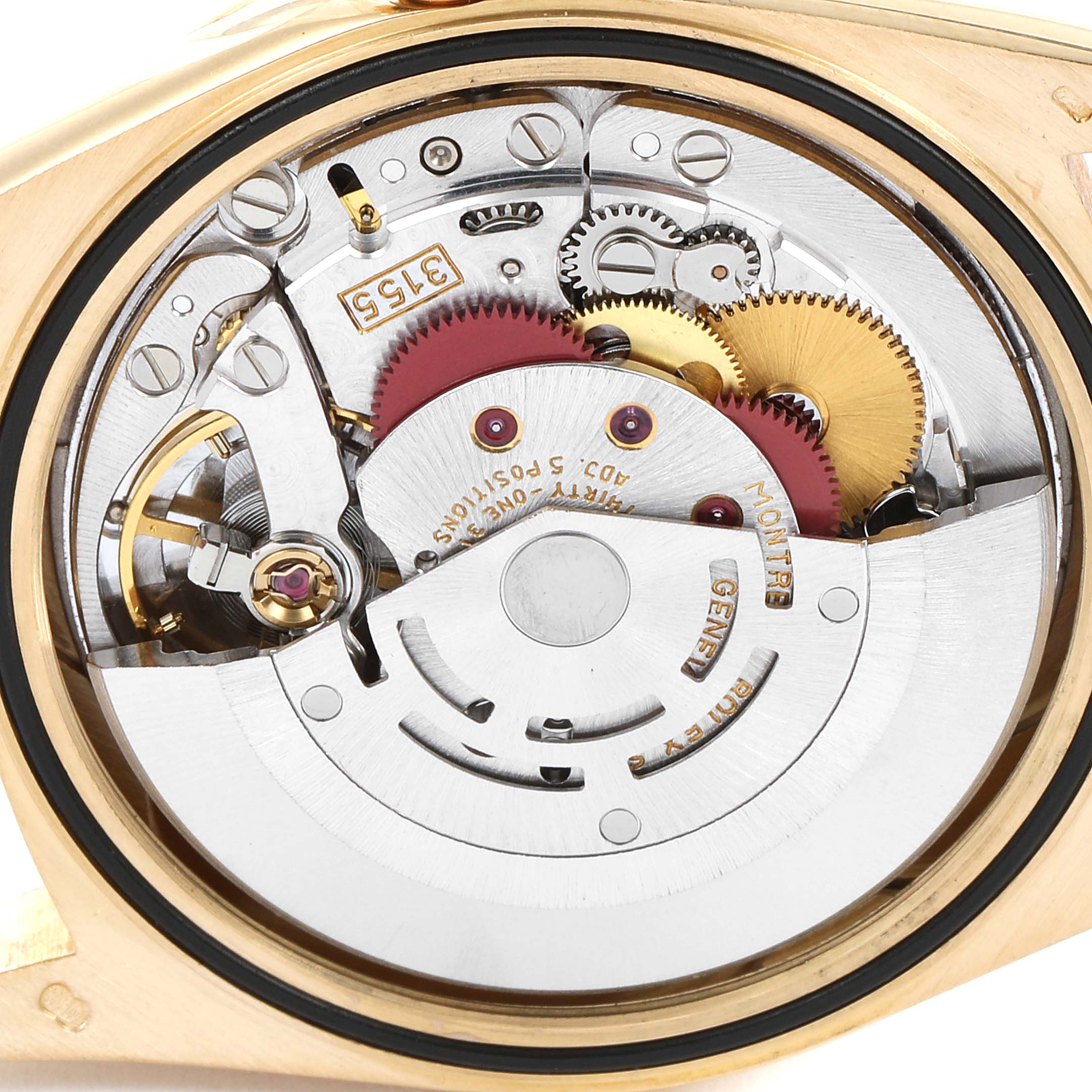 This image shows the inner mechanical movement of the Rolex President 18238 Men
s Yellow Gold Champagne Dial 18238 Men
s Yellow Gold Champagne Dial watch model, viewed from the back.