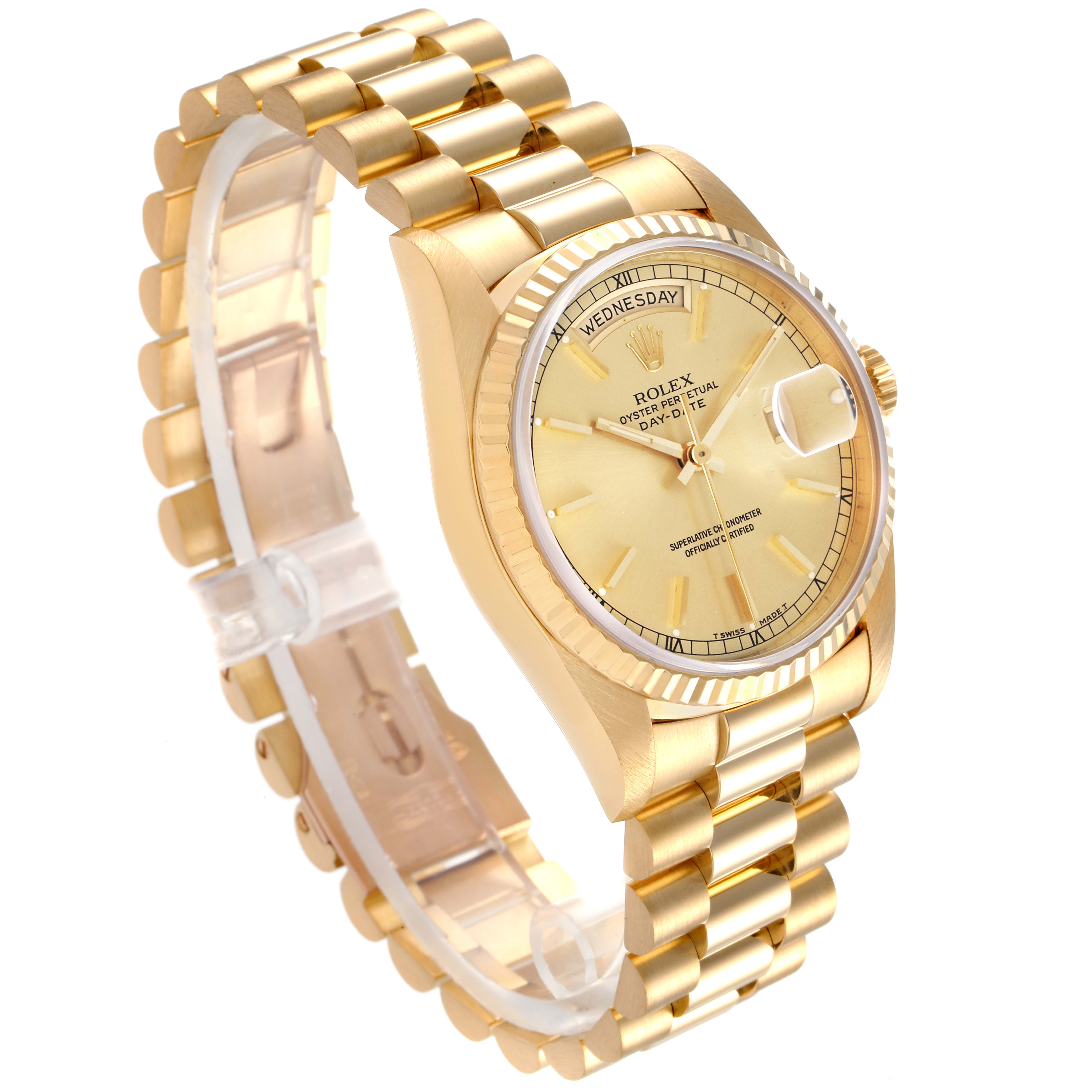 The image shows a Rolex President 18238 Men
s Yellow Gold Champagne Dial 18238 Men
s Yellow Gold Champagne Dial model watch at a slight angle, highlighting the gold bracelet, dial, and day-date display.